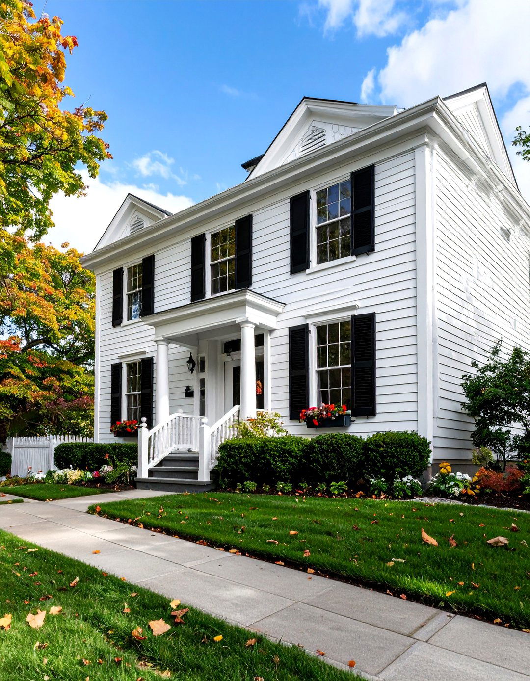 Colonial Revival with Black Symmetrical Trim - 25 single story white house black trim