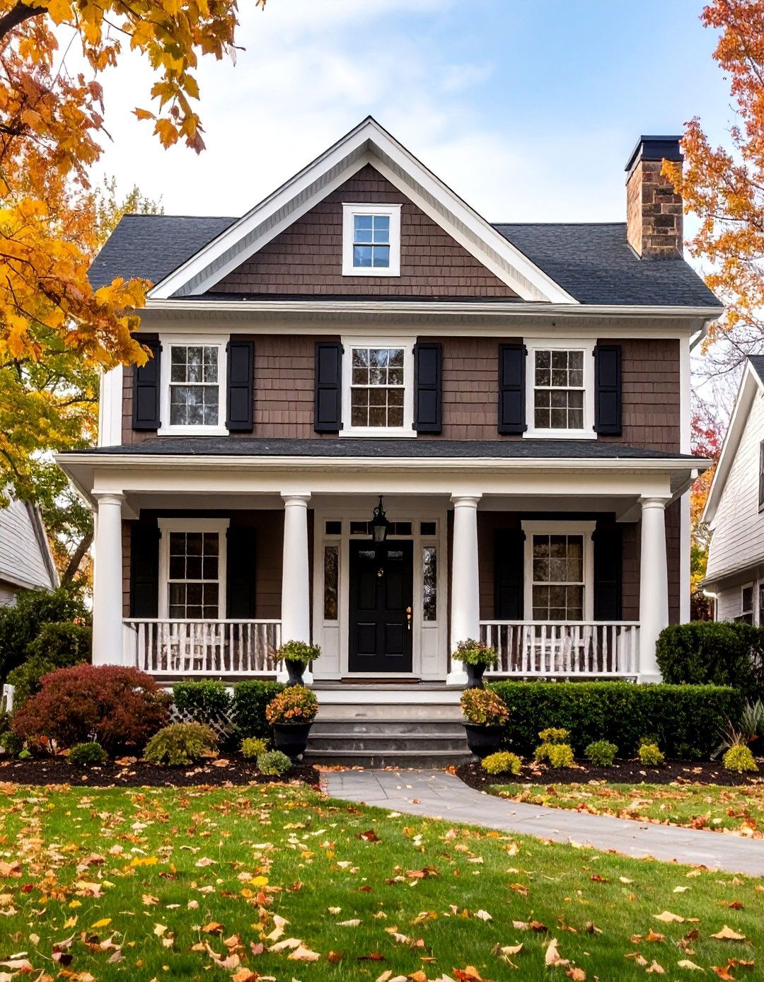 Colonial Revival with Chocolate Brown Clapboard Siding - 25 Chocolate Brown House Exterior Design Ideas