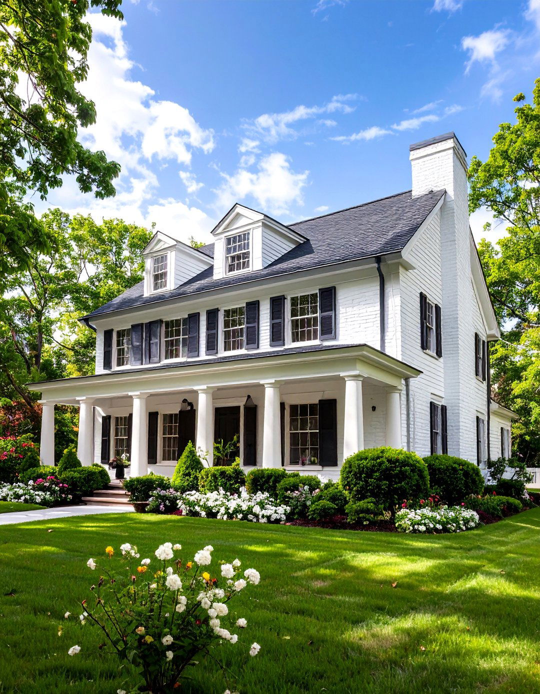 Colonial Revival with Symmetrical Design - 25 White Exterior Home with a Black Roof Ideas