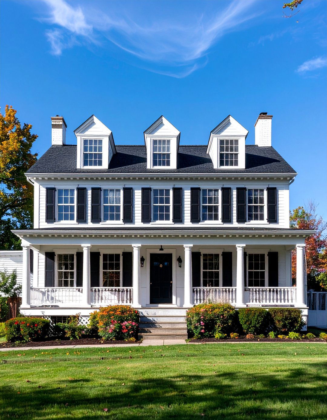 Colonial Revival with White Shutters and Dormers - 25 White Siding House Designs