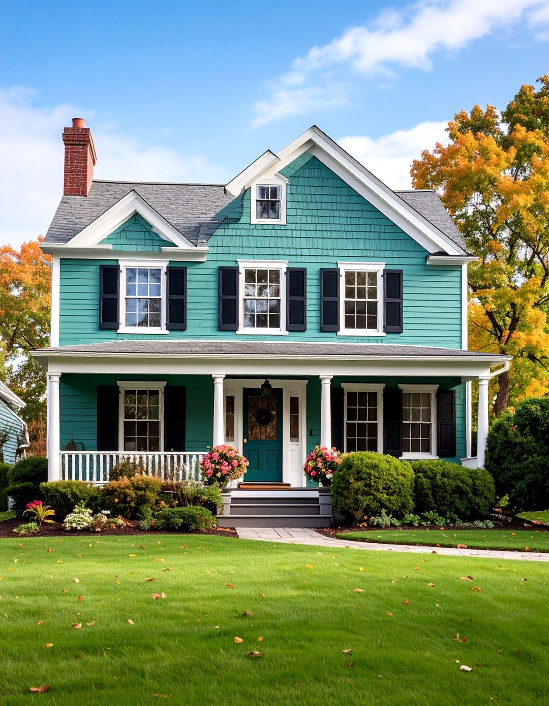 Colonial Sage Green House with Black Door and Trim Details - 25 Sage Green House With Black Trim Ideas