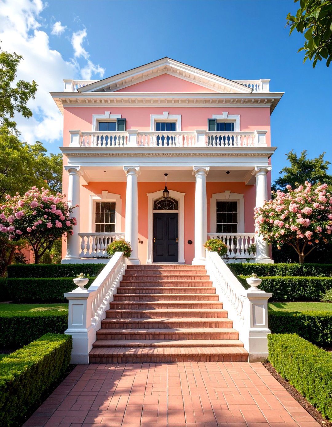 Colonial Salmon Pink House Exterior with Symmetrical White Columns - 25 Pink House Exterior Ideas