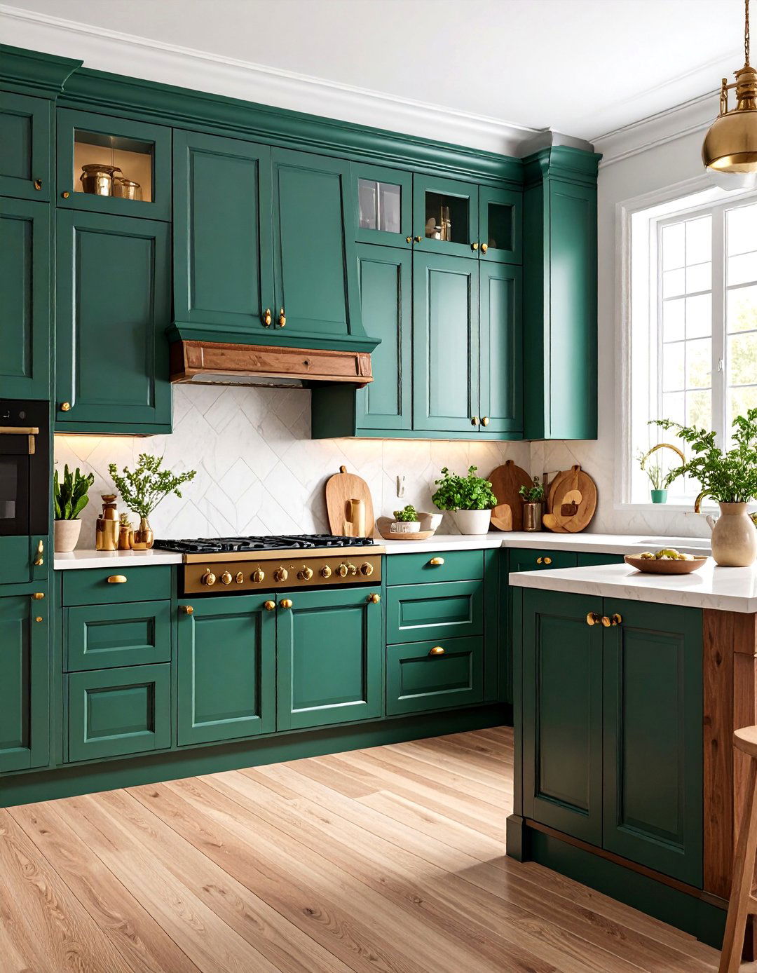 Colonial Style Green Kitchen with Brown Hardwood Details - 25 Green and Brown Kitchen Ideas