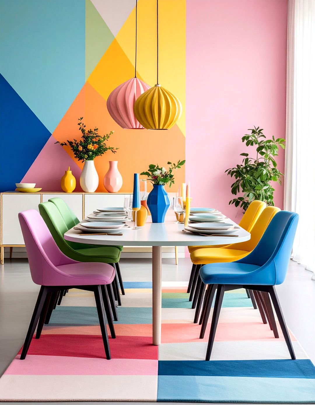 Color Blocked Dining Table Design with Bold Geometric Arrangements - 25 Dining Table Decor Ideas