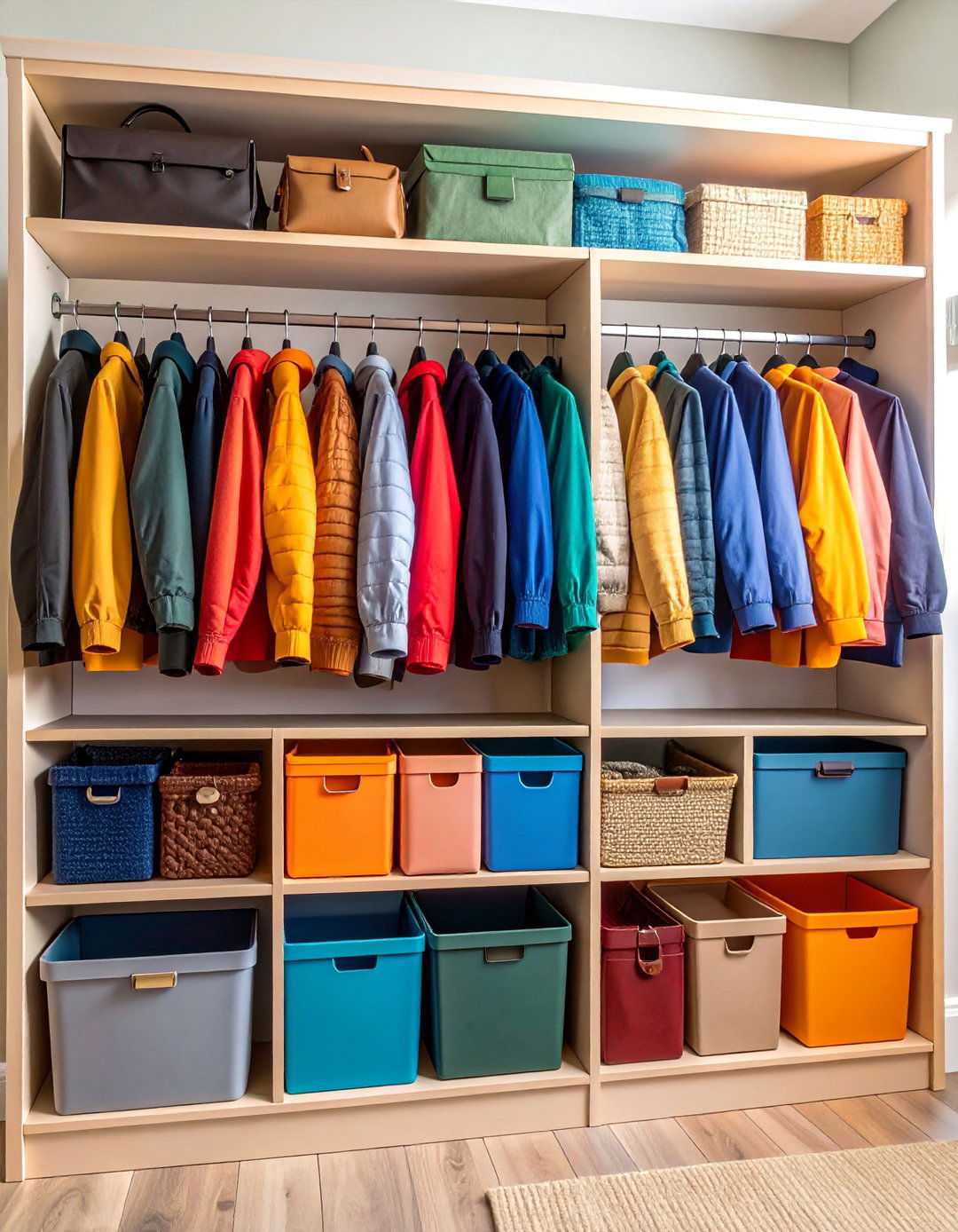 Color Coded Family Coat Closet System - 25 Coat Closet Ideas