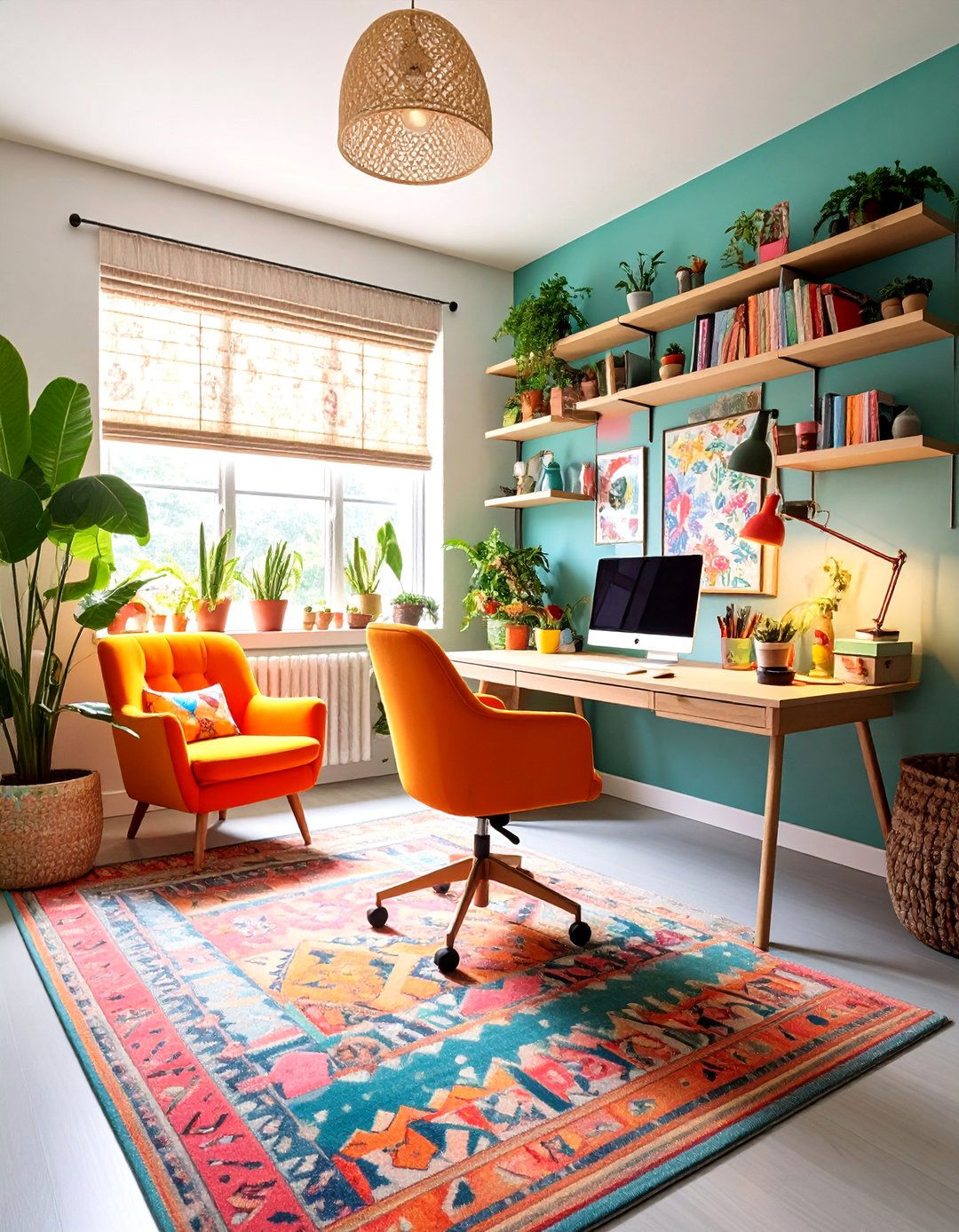Color Drenched Maximalist Home Office with Bold Pattern Mixing - 25 Home Office Decor Ideas