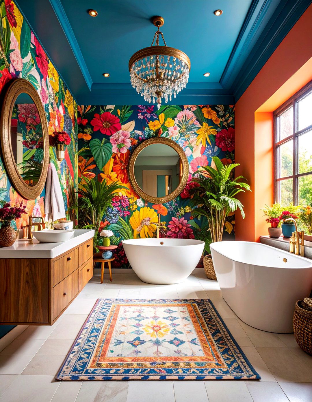 Color Drenched Powder Room with Bold Wallpaper - 25 Room Decorating Ideas