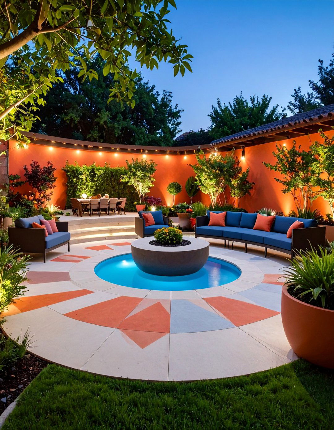 Colored Concrete Semi Circle Patio with Geometric Inlays - 25 Semi Circle Patio Ideas and Inspiration