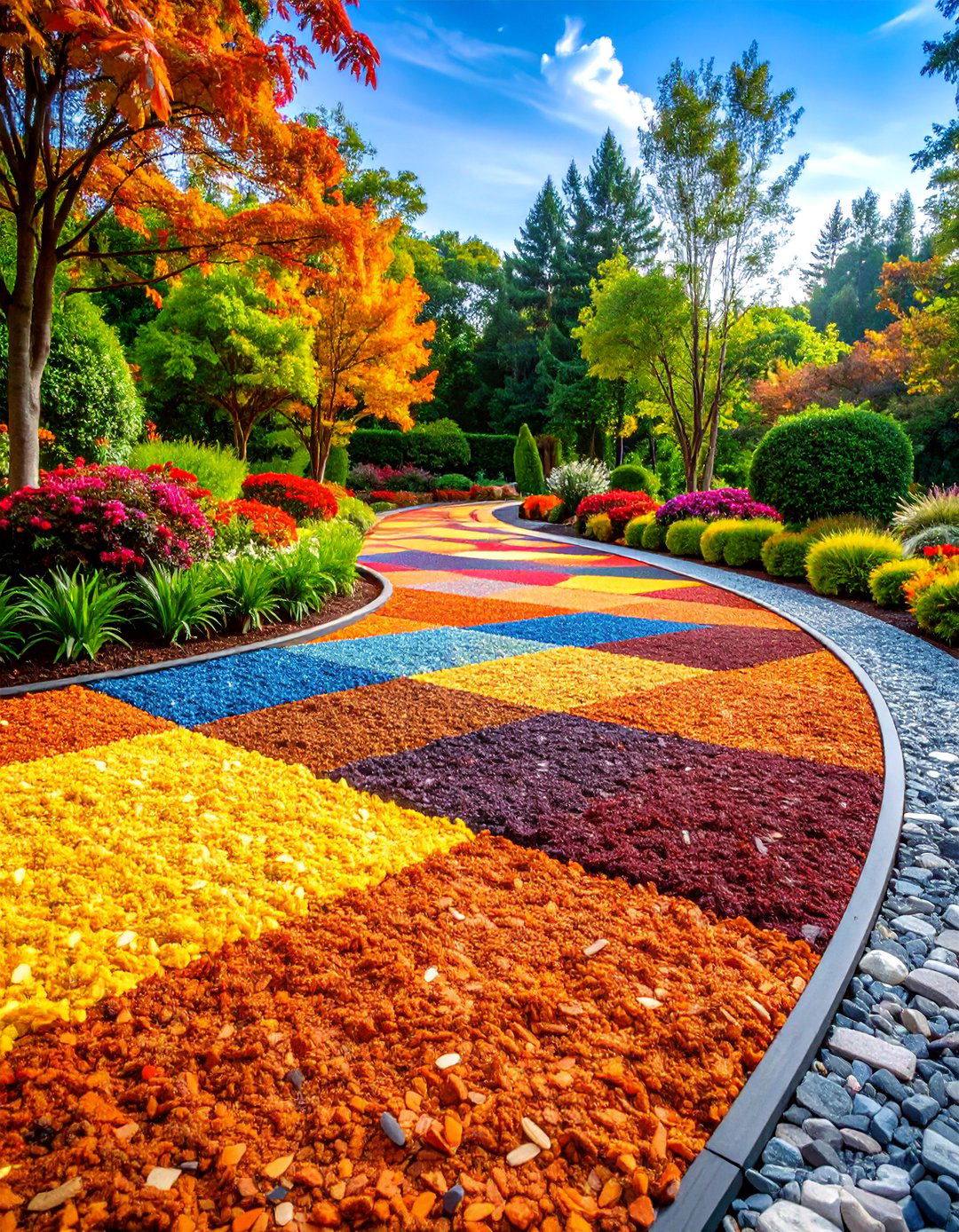 Colored Rubber Mulch Geometric Pattern Design - 25 Mulch Pathway Ideas