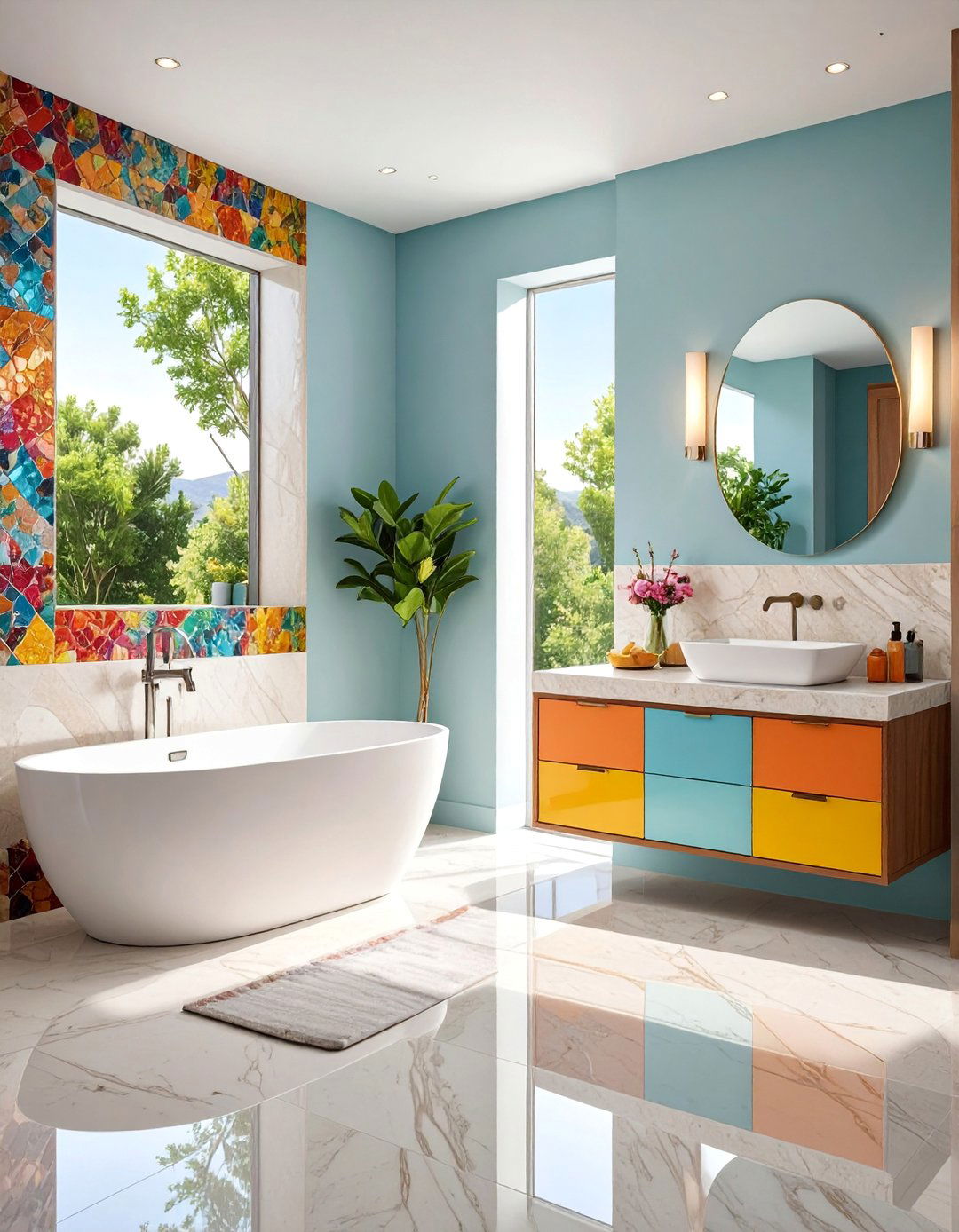 Colorful Accent Travertine Bathroom with Vibrant Details - 25 Travertine Tile Bathroom Ideas