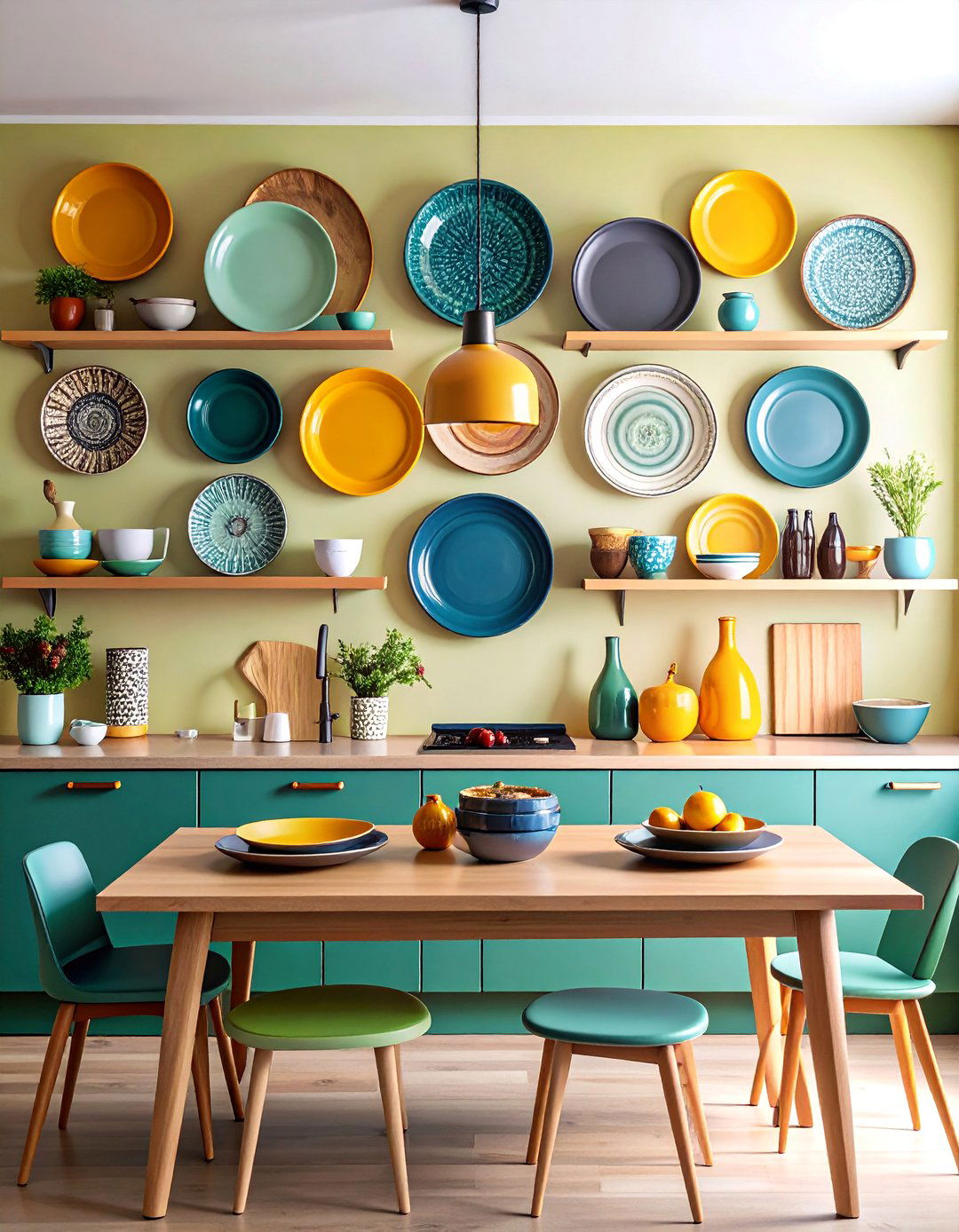 Colorful Ceramic Plate Collection Display - 25 Kitchen Wall Decor Ideas