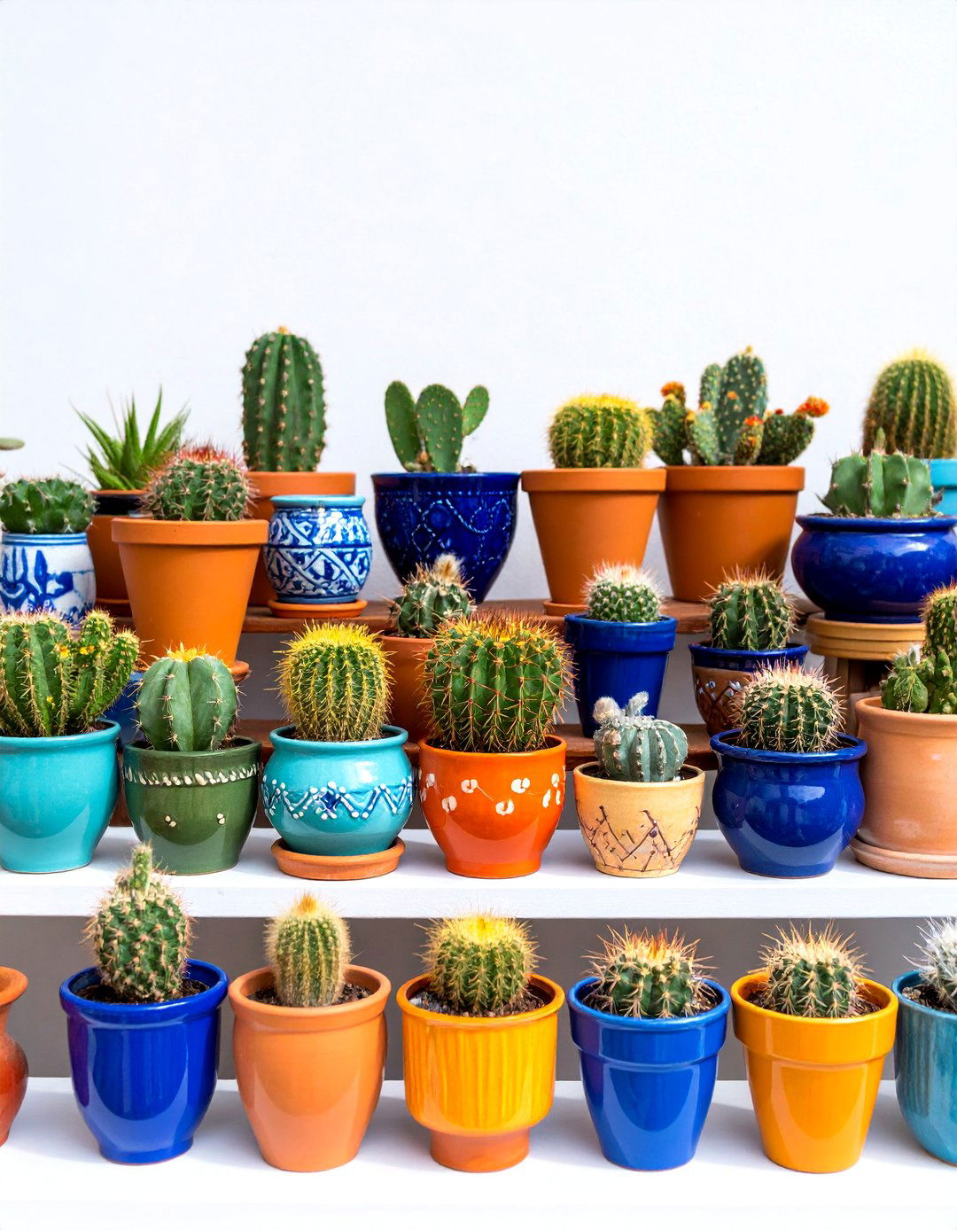 Colorful Ceramic Pot Cactus Display - 25 Cactus Garden Ideas