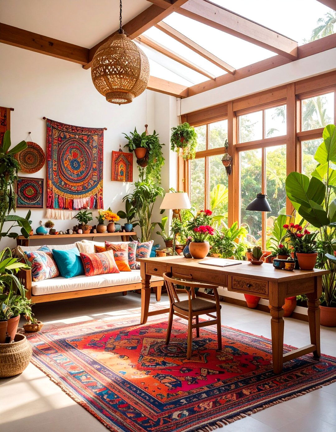 Colorful Eclectic Sunroom Office with Global Influences - 25 Sunroom Office Ideas