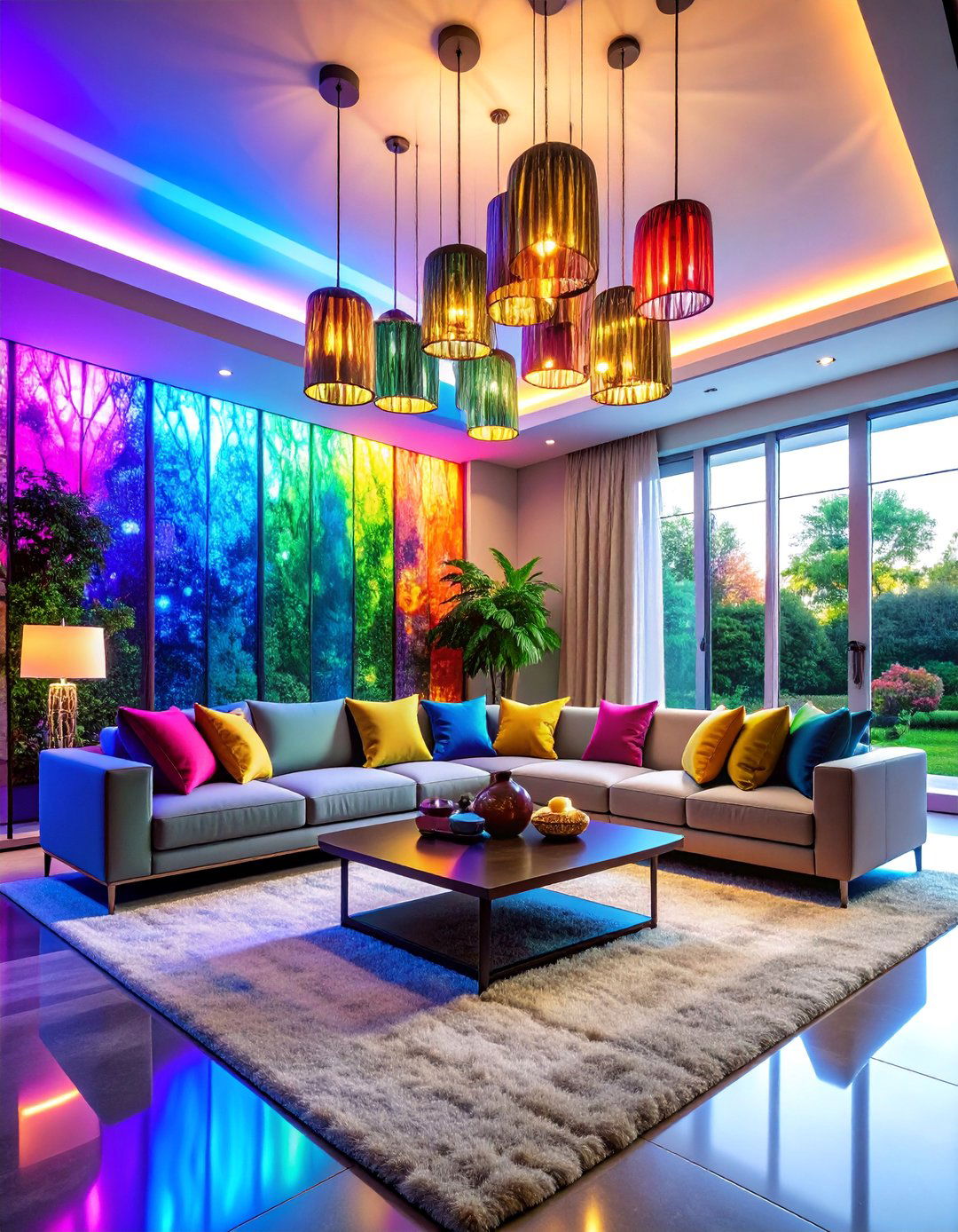 Colorful Living Room with Vibrant Accent and Mood Lighting - 25 Living Room Lighting Ideas