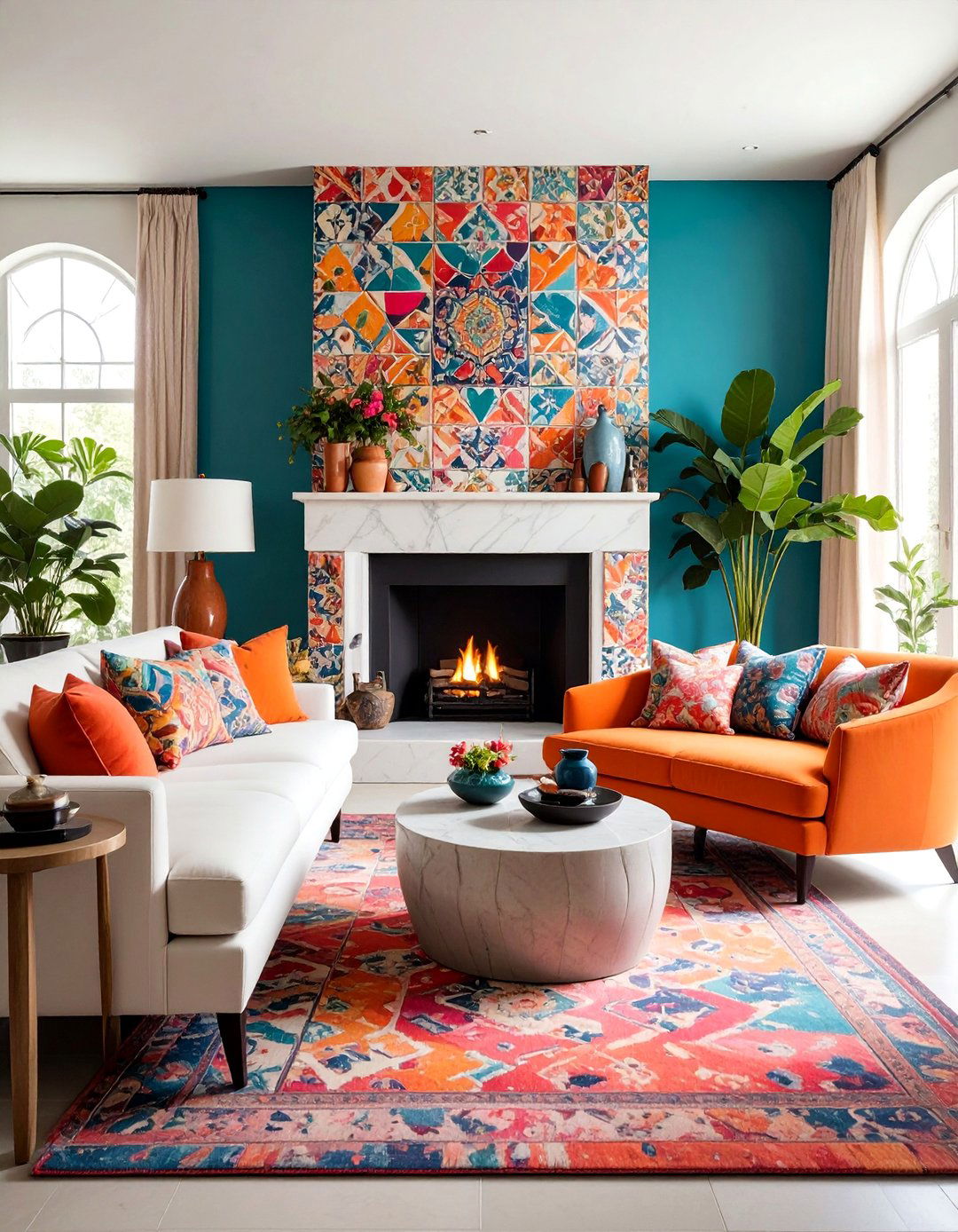 Colorful Maximalist Fireplace with Pattern Mixing and Bold Statements - 25 Fireplace Decor Ideas