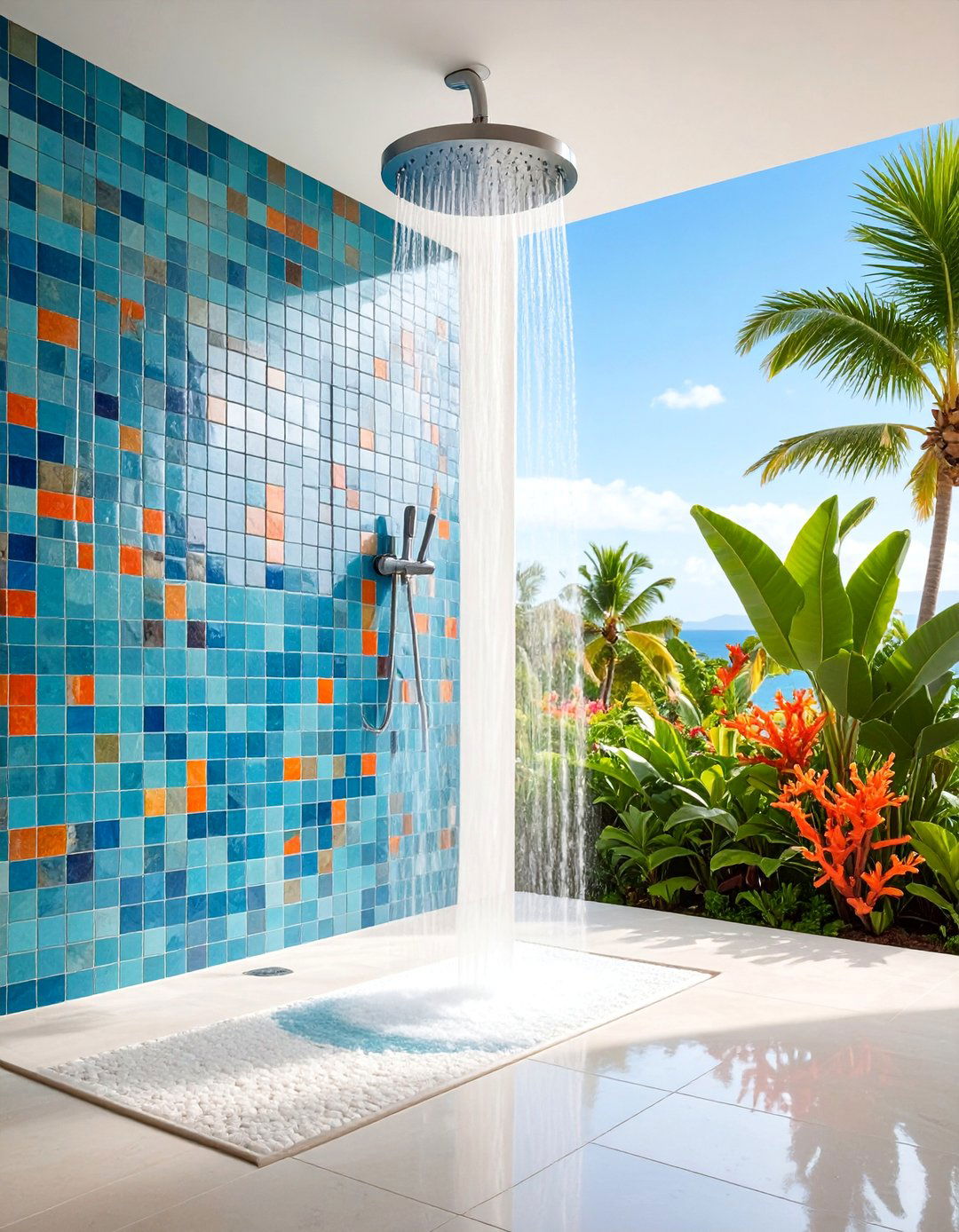 Colorful Mosaic Shower Wall with Mediterranean Flair - 25 Shower Wall Ideas