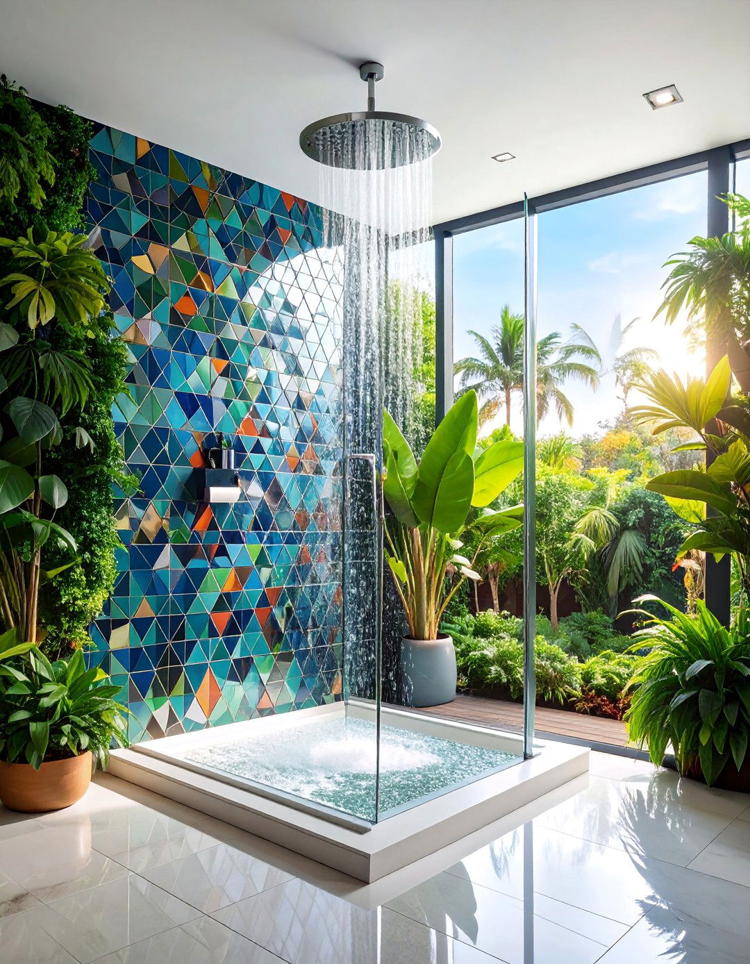 Colorful Mosaic Tile Shower with Bold Patterns - 25 Small Shower Ideas