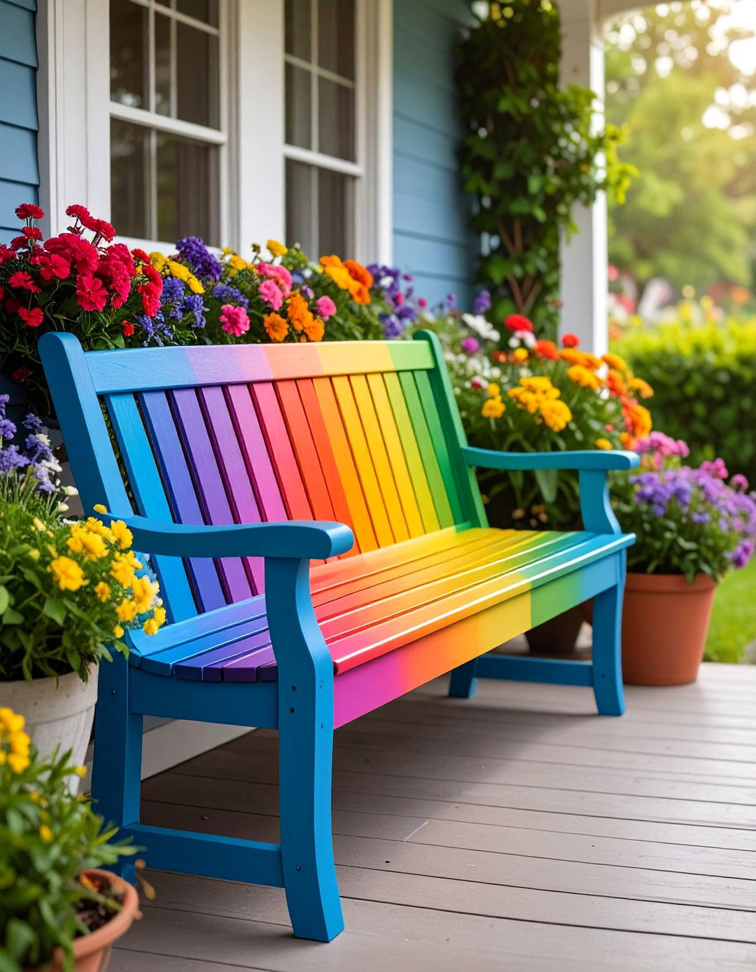 Colorful Painted Slat Bench - 25 Front Porch Bench Ideas