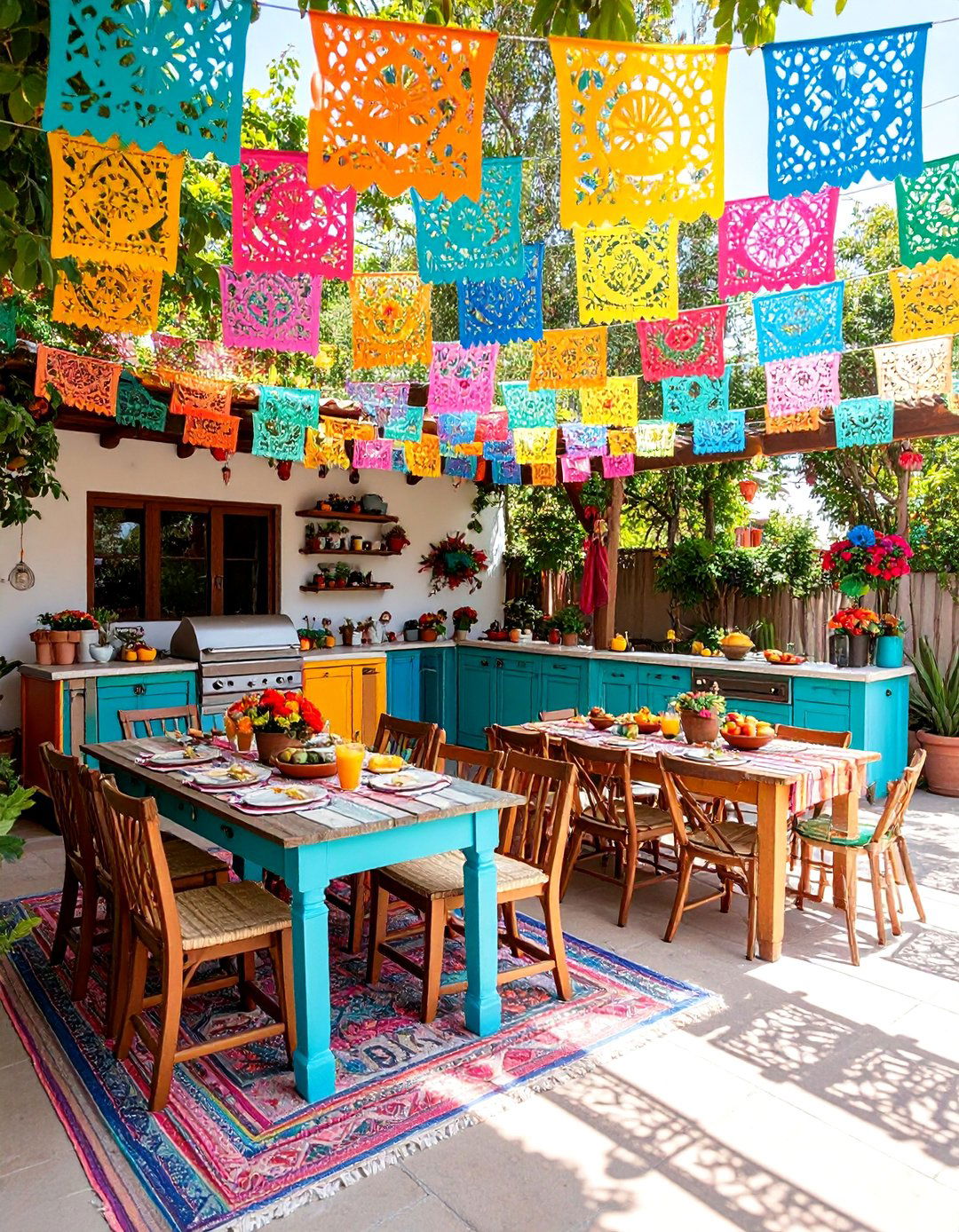 Colorful Papel Picado Festive Kitchen - 25 Mexican Outdoor Kitchen Ideas