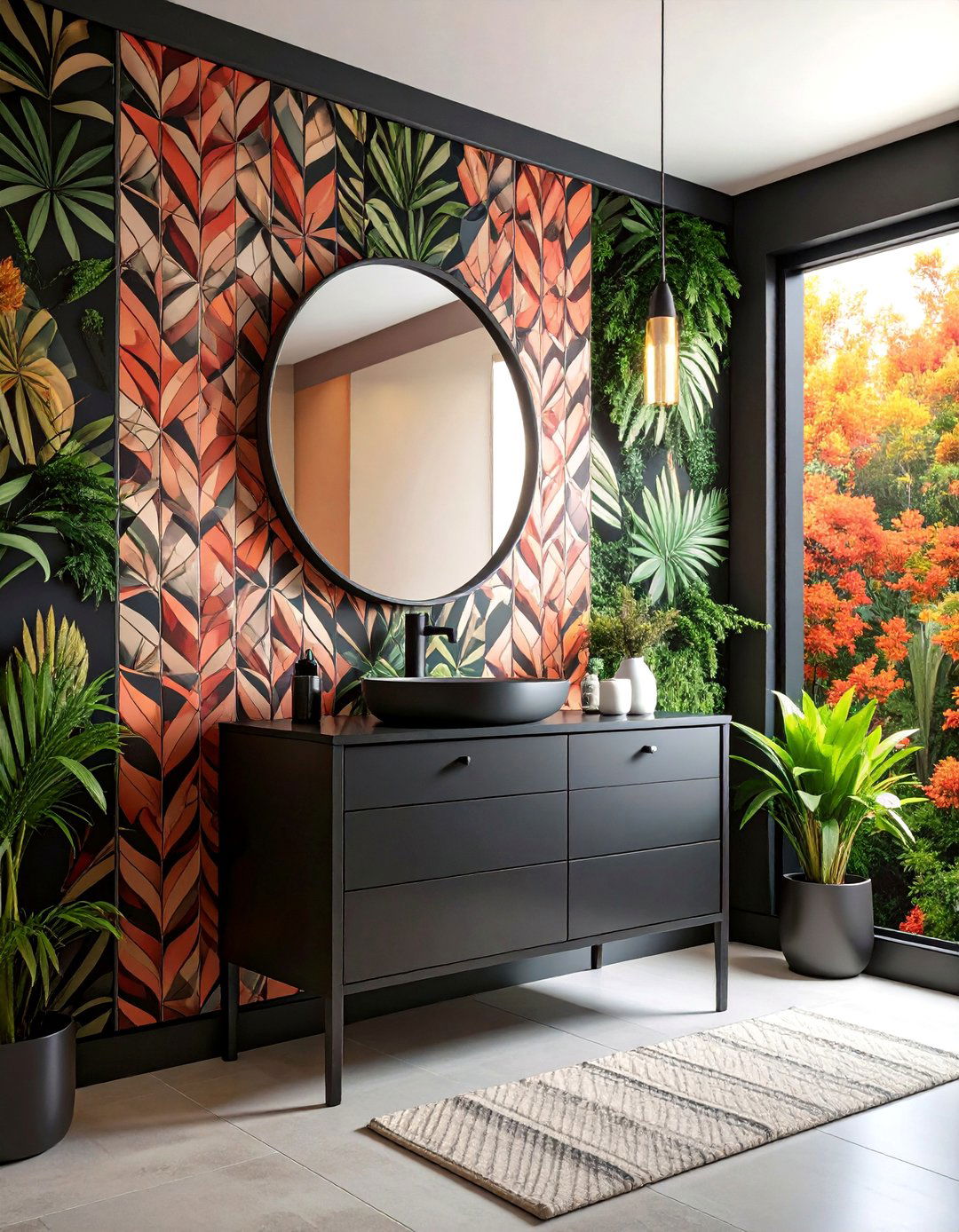 Compact Black Powder Room Vanity with Bold Wallpaper - 25 bathroom with black cabinets ideas