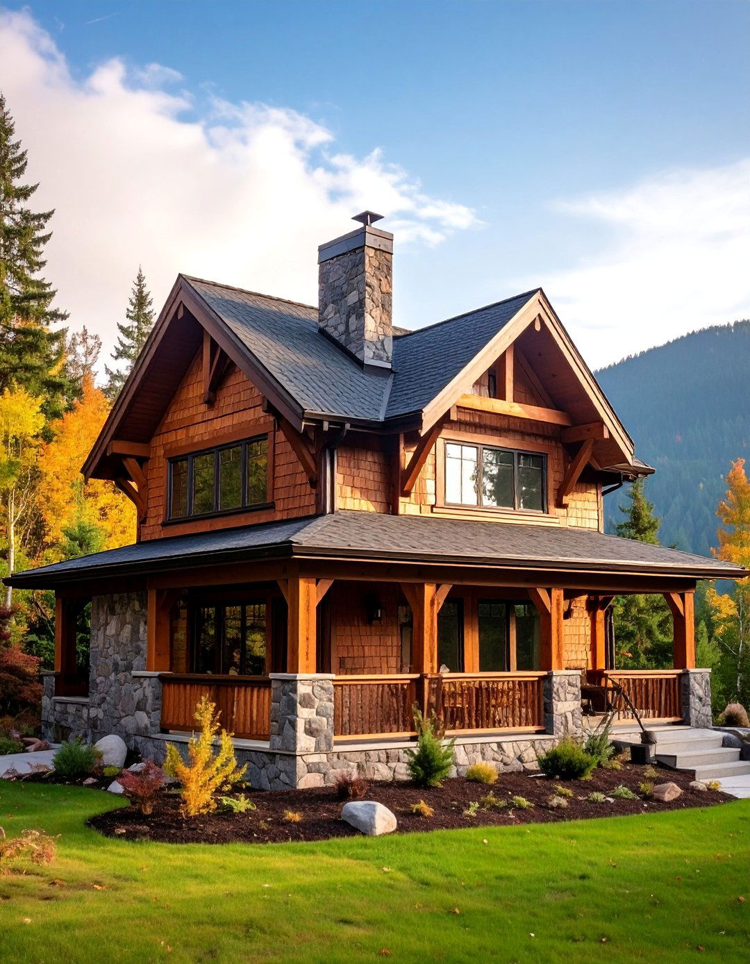 Composite Shingle Siding with Timber Frame Accents - 25 Exterior House Siding Ideas