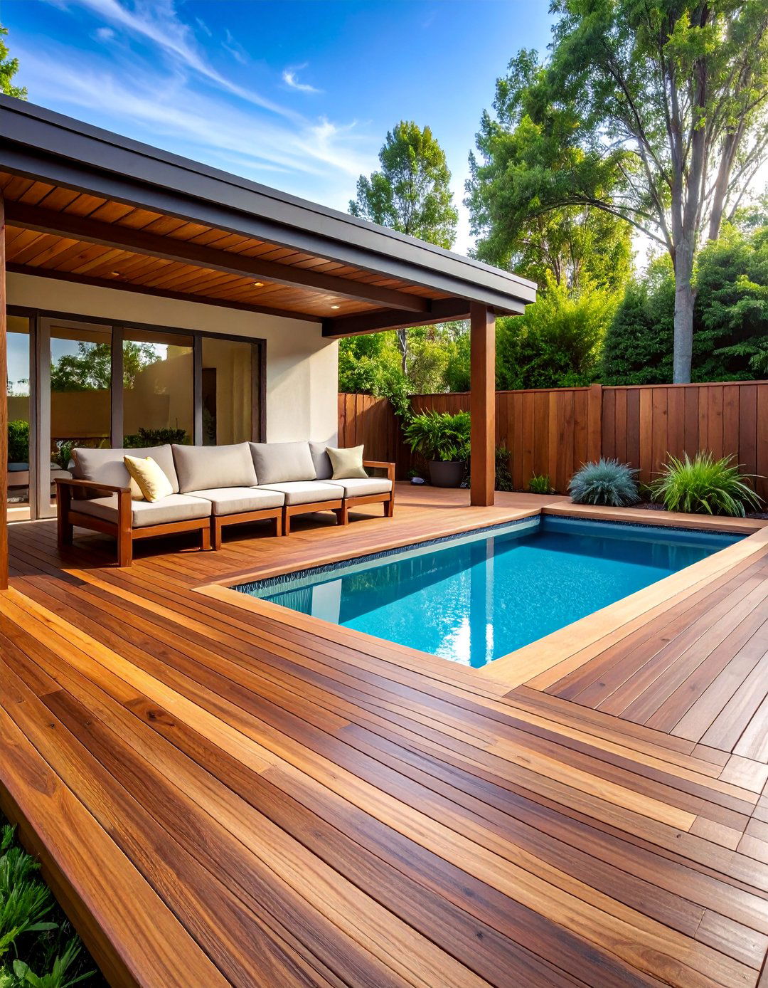 Composite Wood Pool Deck with Built in Seating - 25 Pool Deck Ideas