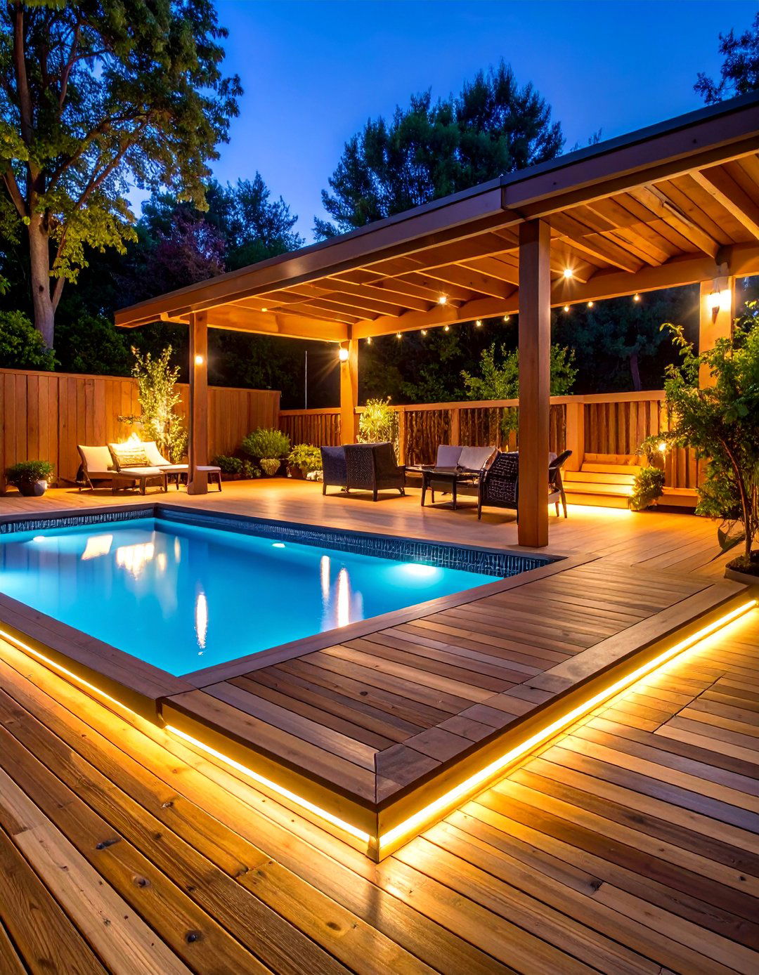 Composite Wood Wraparound Deck with Integrated Lighting - 25 Above-ground Pool With Deck Ideas