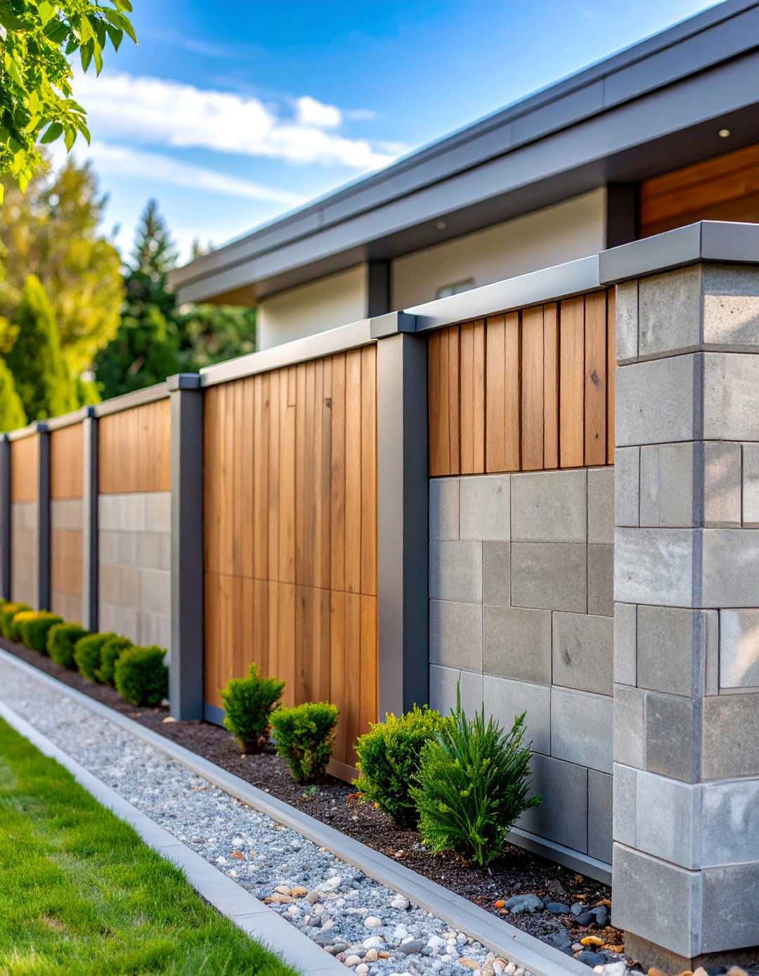 Concrete Block Fence with Horizontal Wood Cap and Metal Details - 25 Concrete Block Fence Ideas