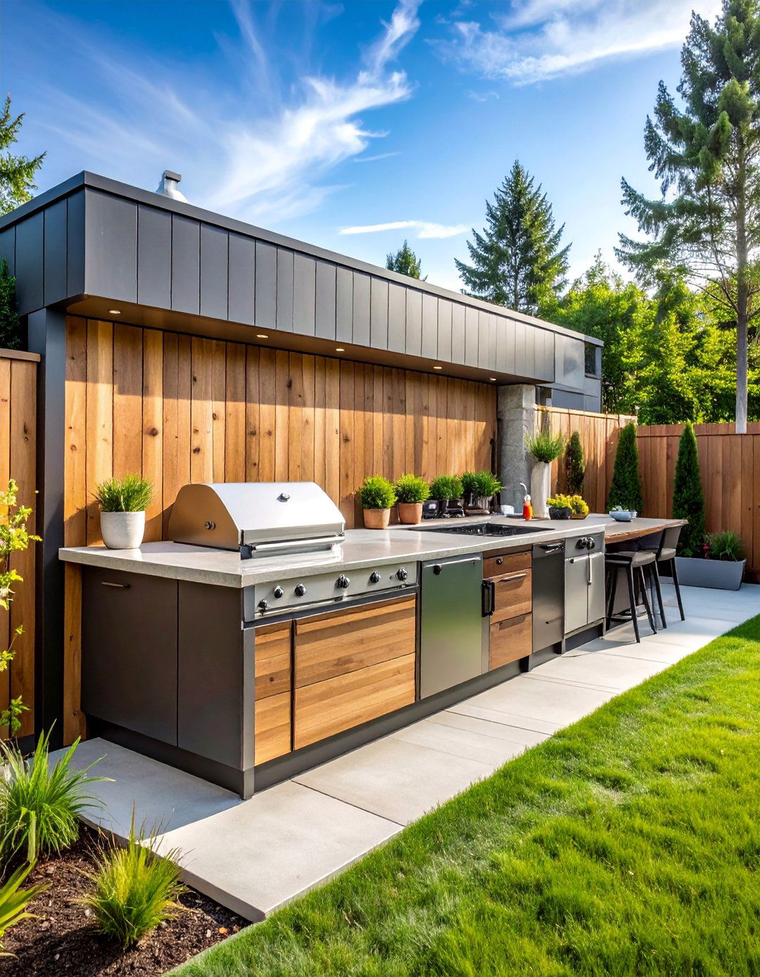 Concrete Block Fence with Integrated Outdoor Kitchen Features - 25 Concrete Block Fence Ideas