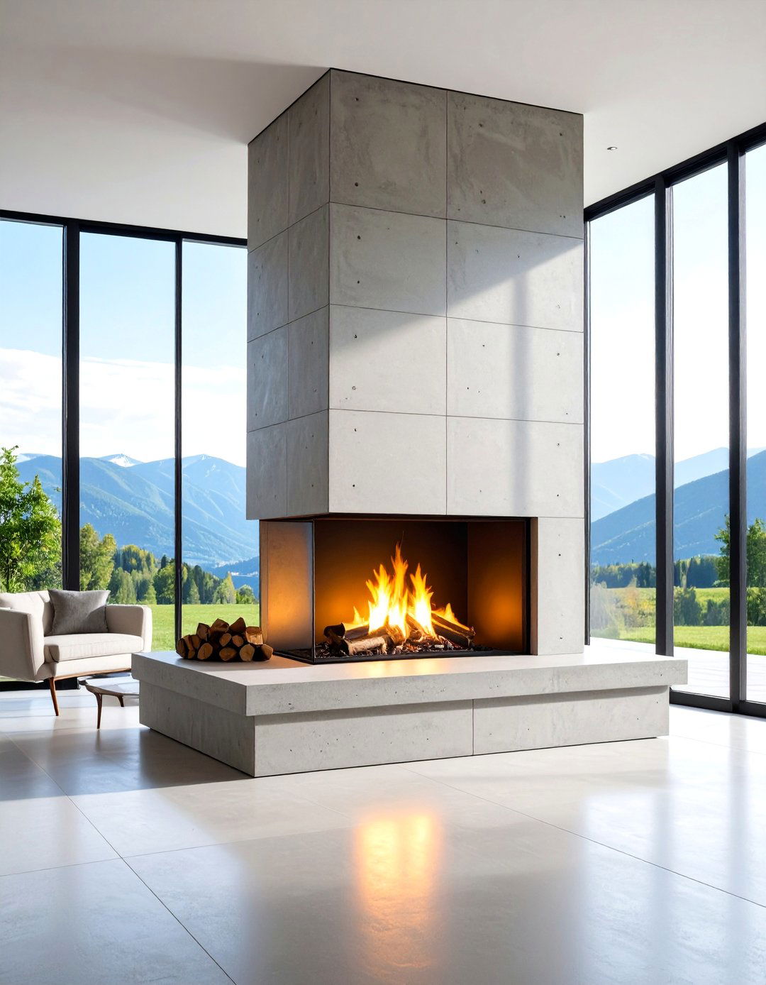 Concrete Block Modern Fireplace with Raw Texture - 25 Modern Fireplace Ideas