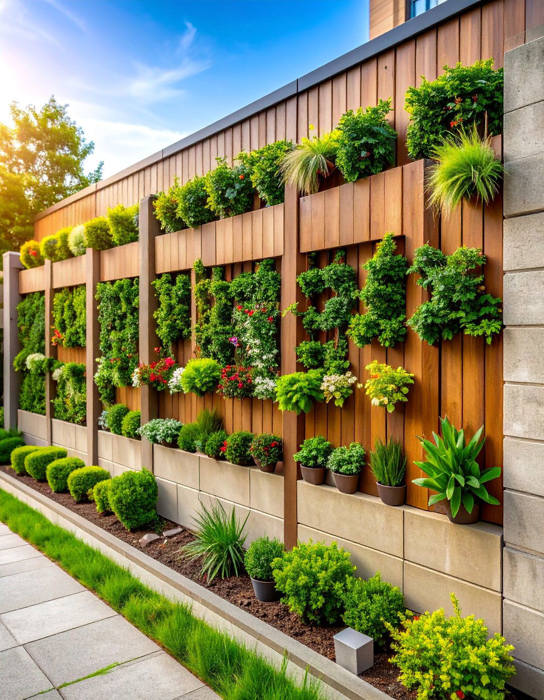 Concrete Block Privacy Fence with Vertical Garden Integration - 25 Concrete Block Fence Ideas