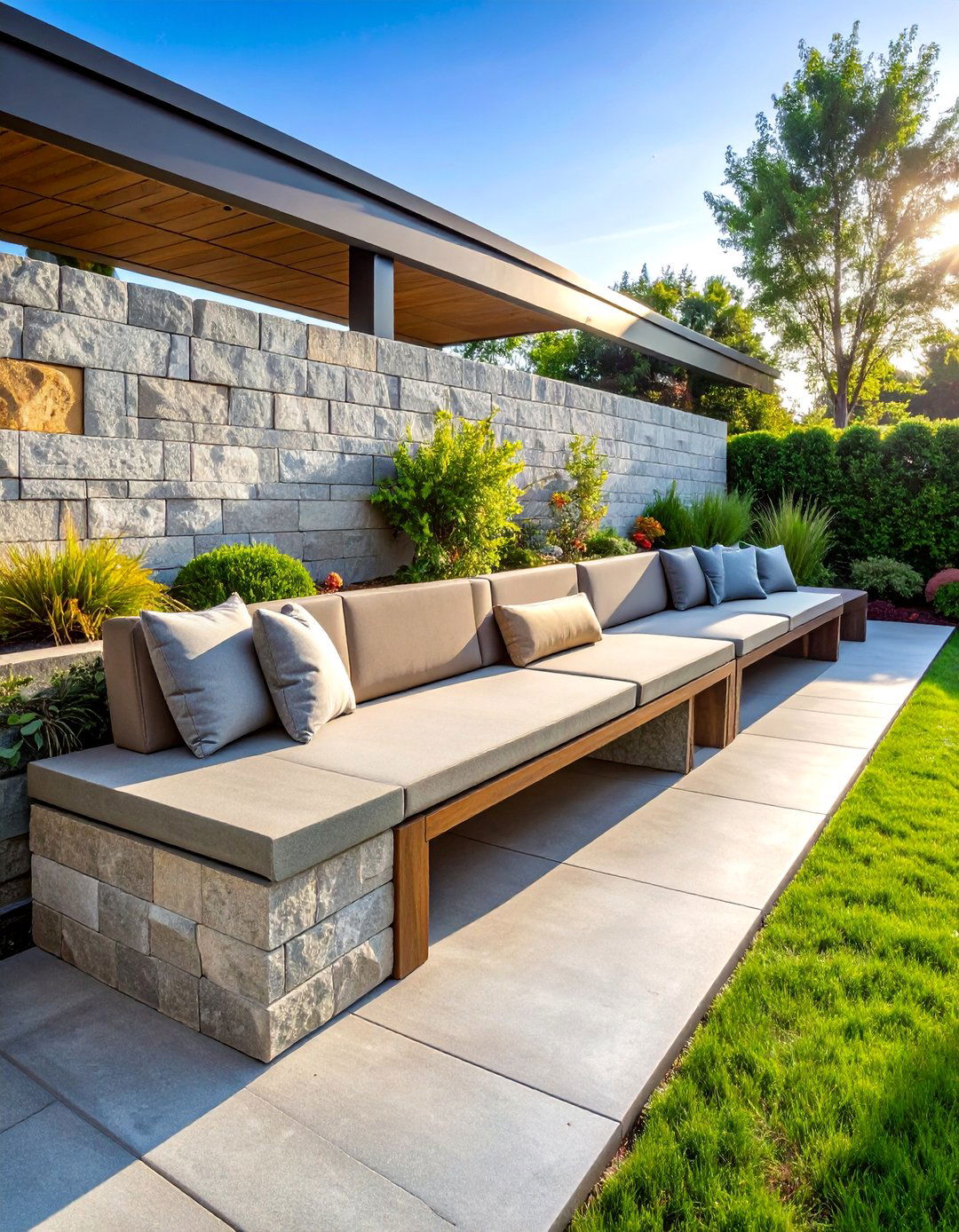 Concrete Block Retaining Wall with Integrated Bench Seating - 25 Retaining Wall Ideas for Sloped Backyard