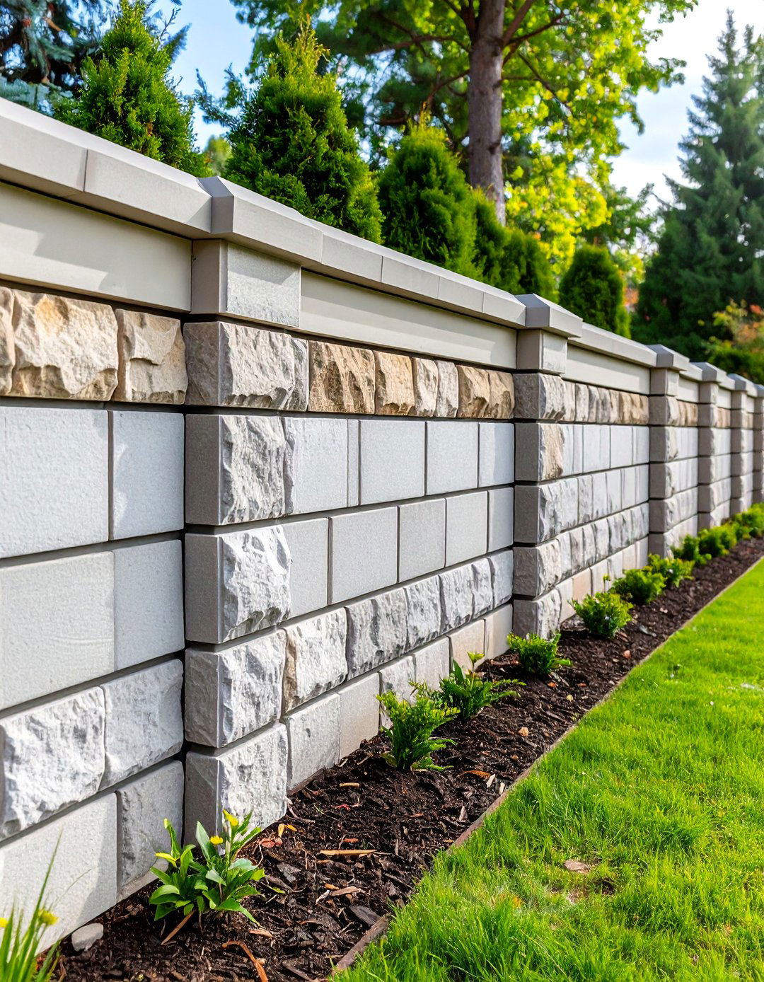 Concrete Block Wall with Decorative Cap Stones - 25 Cheap Privacy Fence Ideas