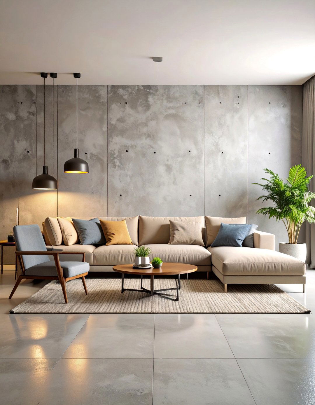 Concrete Feature Wall Living Space - 25 Brutalist Interior Design Ideas