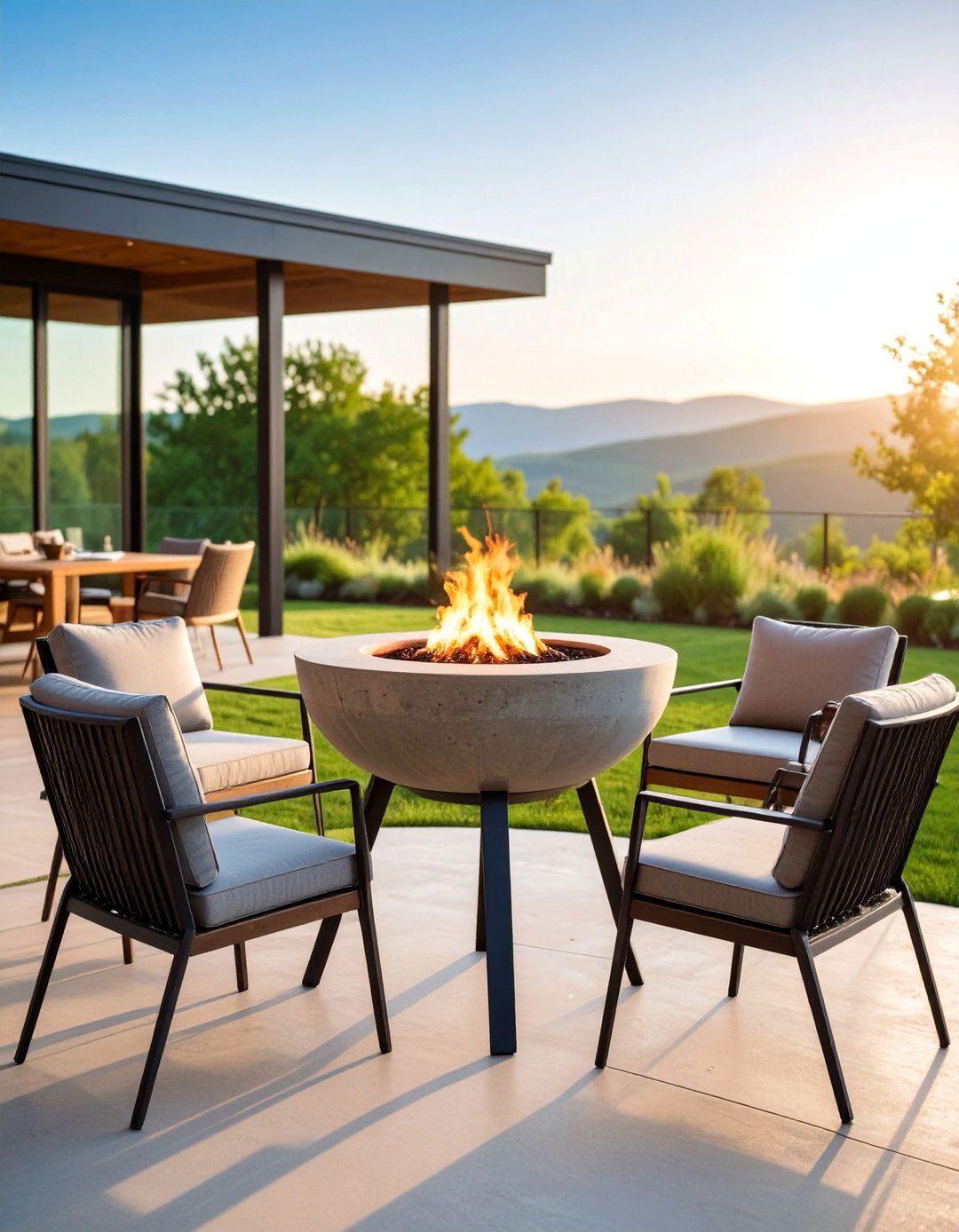 Concrete Fire Bowl with Rustic Steel Stand - 25 Rustic Fire Pit Ideas