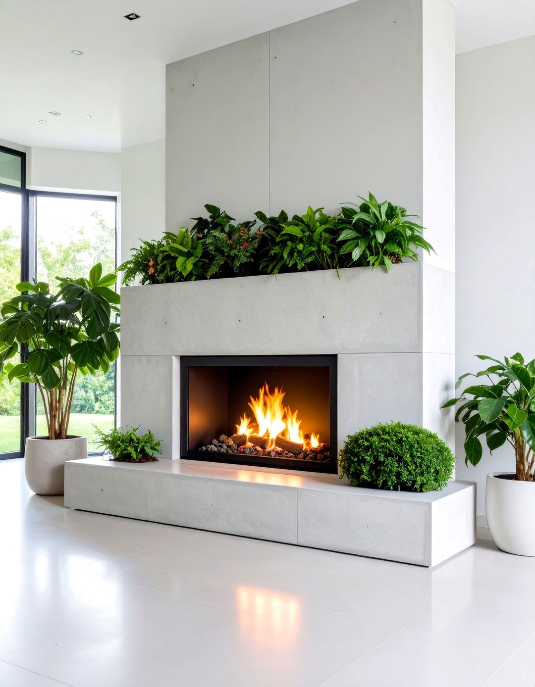 Concrete Fireplace with Integrated Planters - 25 Concrete Fireplace Ideas