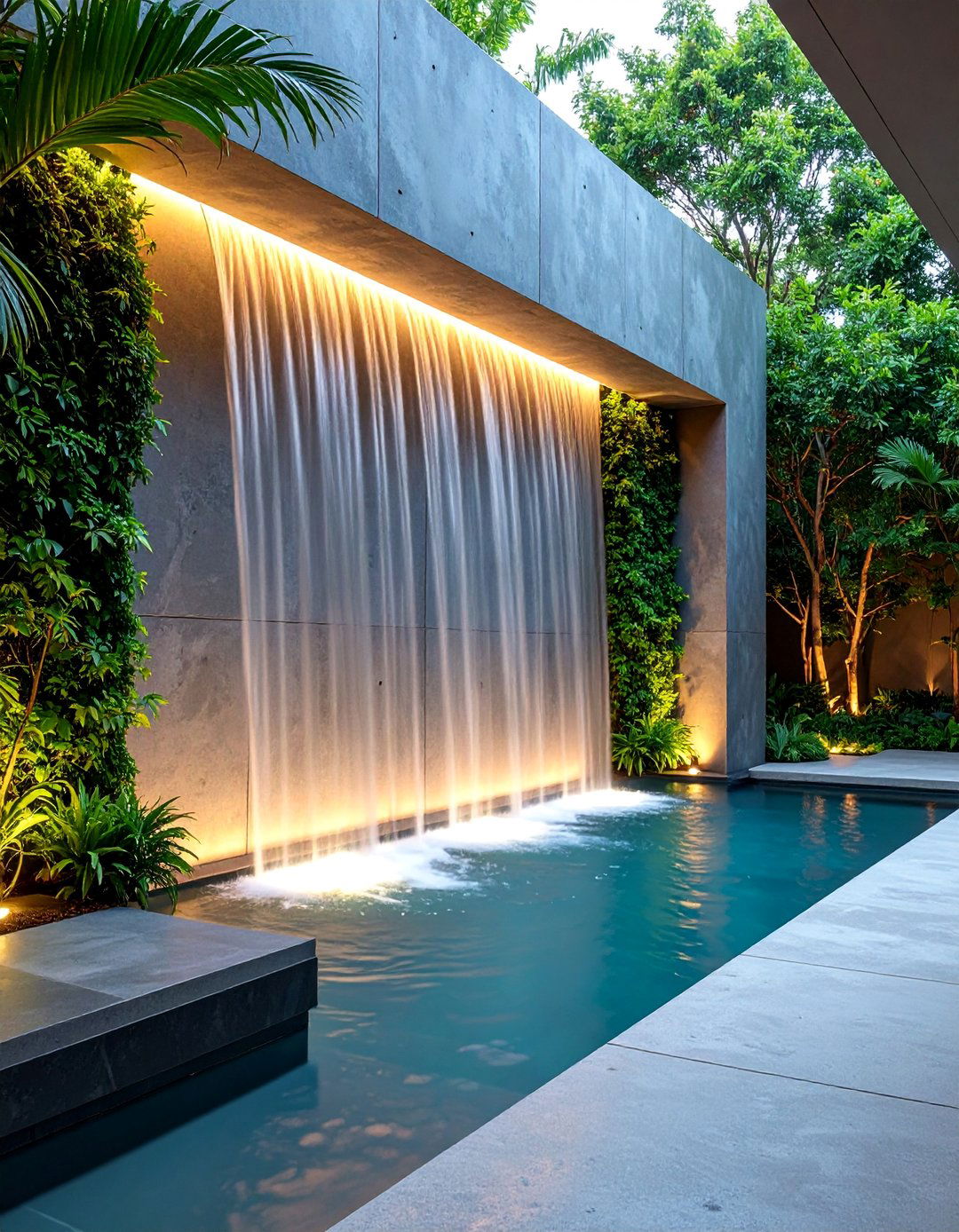 Concrete Fountain Wall with Water Feature Integration - 25 Garden Wall Ideas