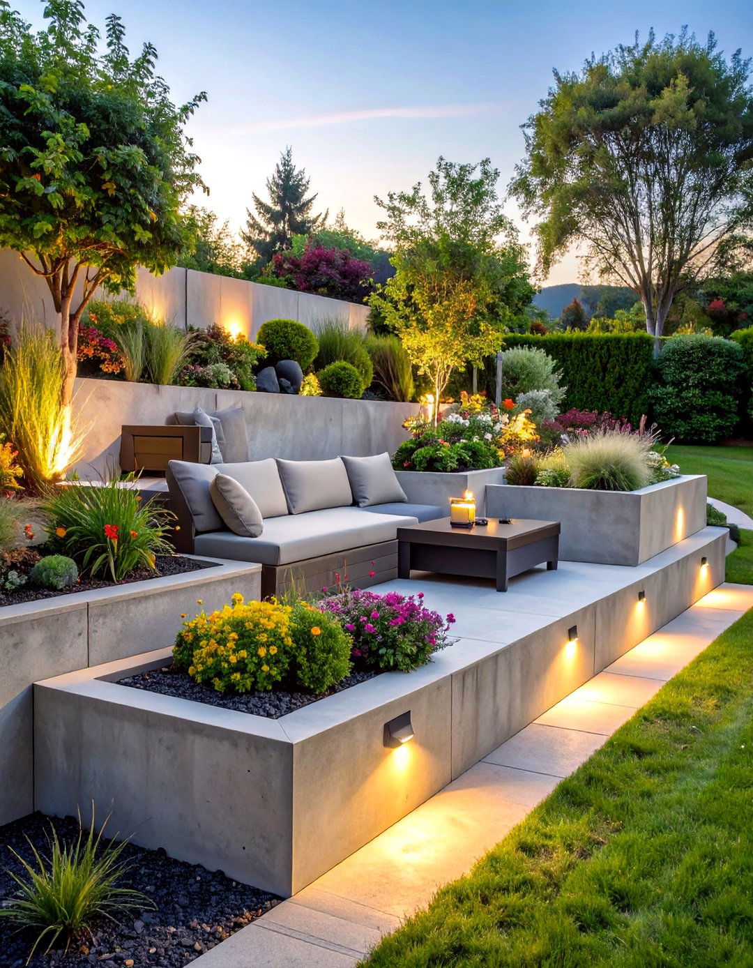 Concrete Garden Retaining Walls with Integrated Seating - 25 Concrete Garden Ideas