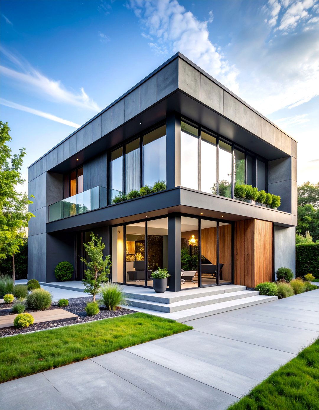 Concrete Grey Loft Style with Black Industrial Windows - 25 Grey House With Black Trim