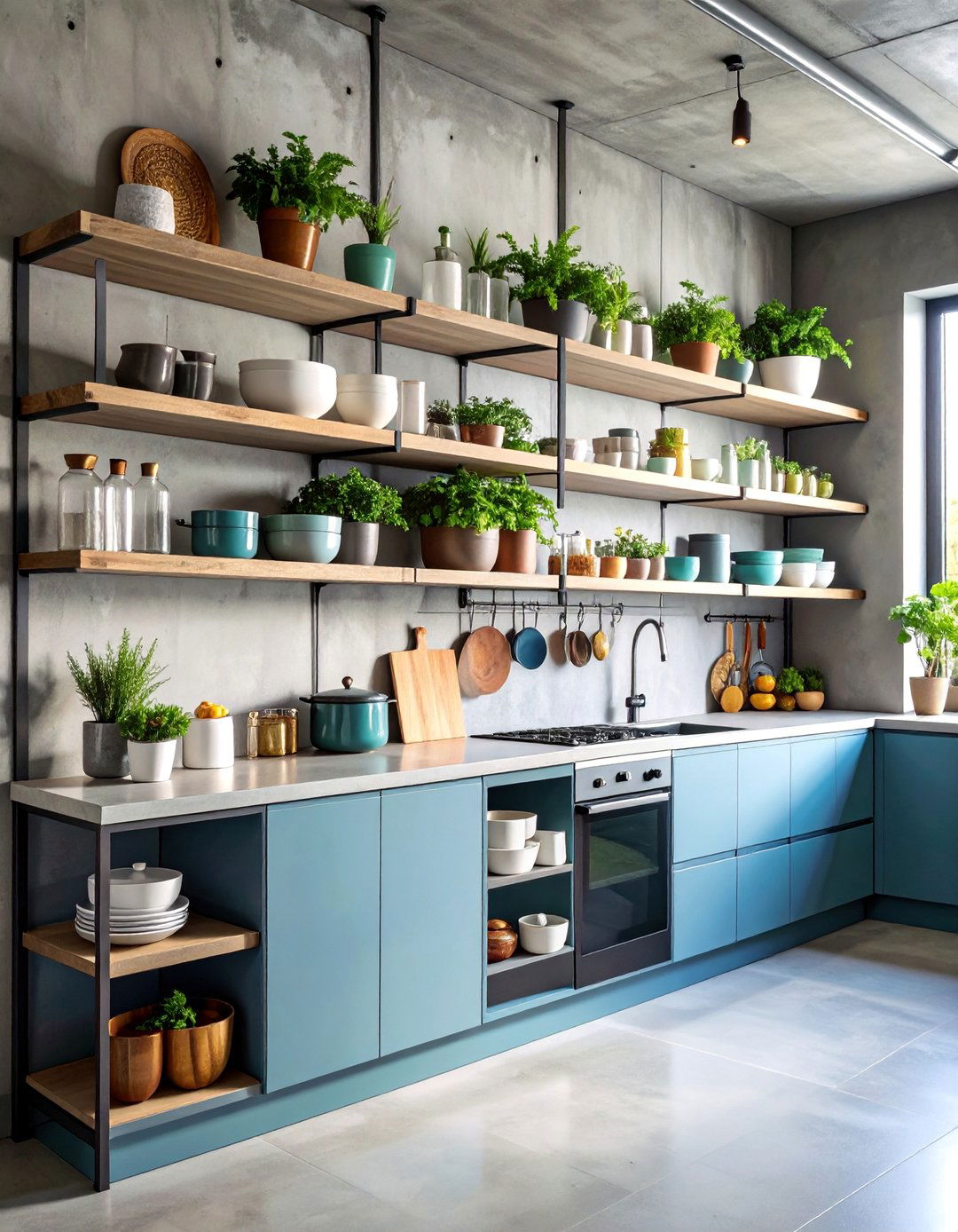 Concrete Industrial Minimalist Shelving - 25 Open Shelving Kitchen Ideas