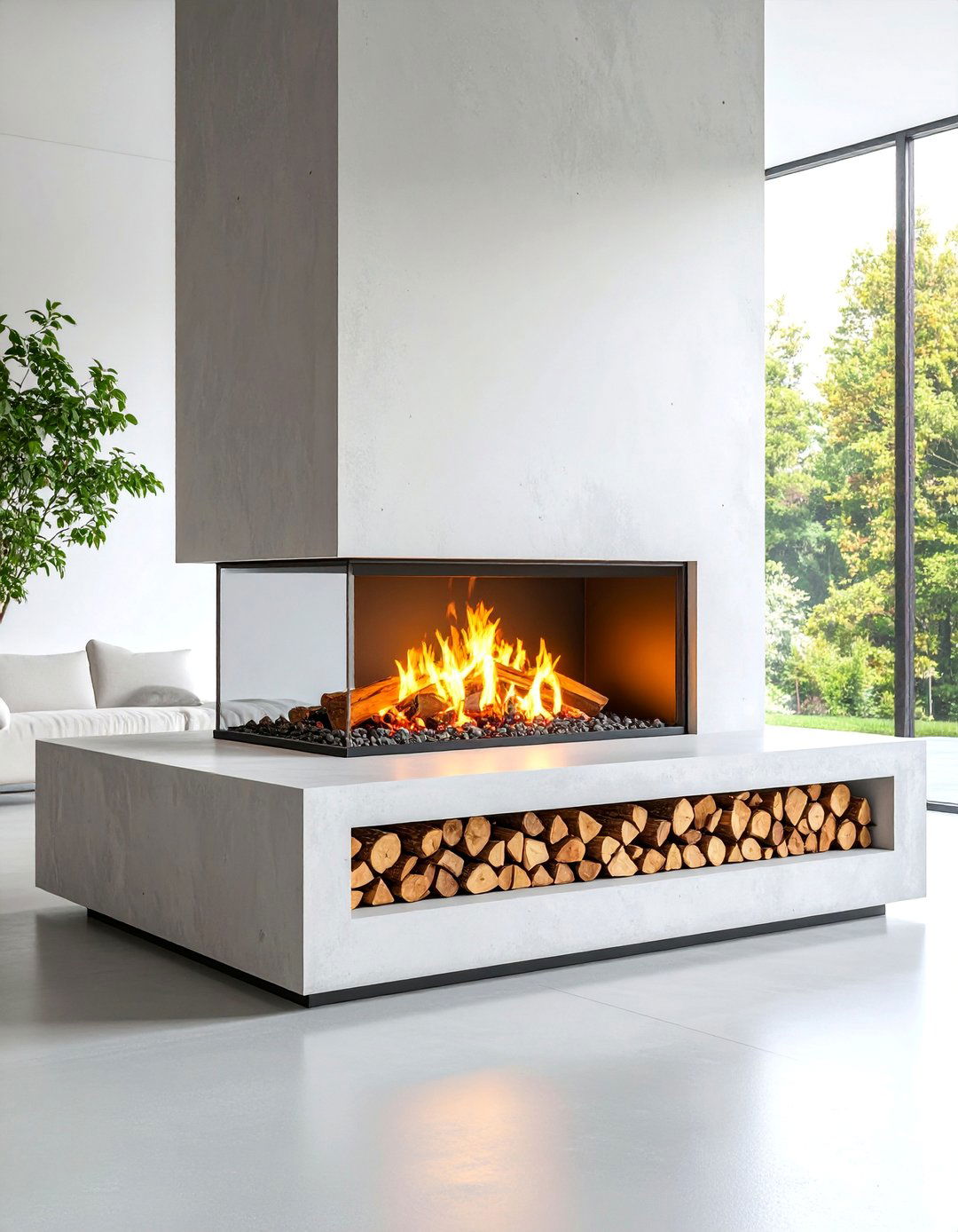 Concrete Platform Hearth with Wood Storage - 25 Fireplace Hearth Ideas