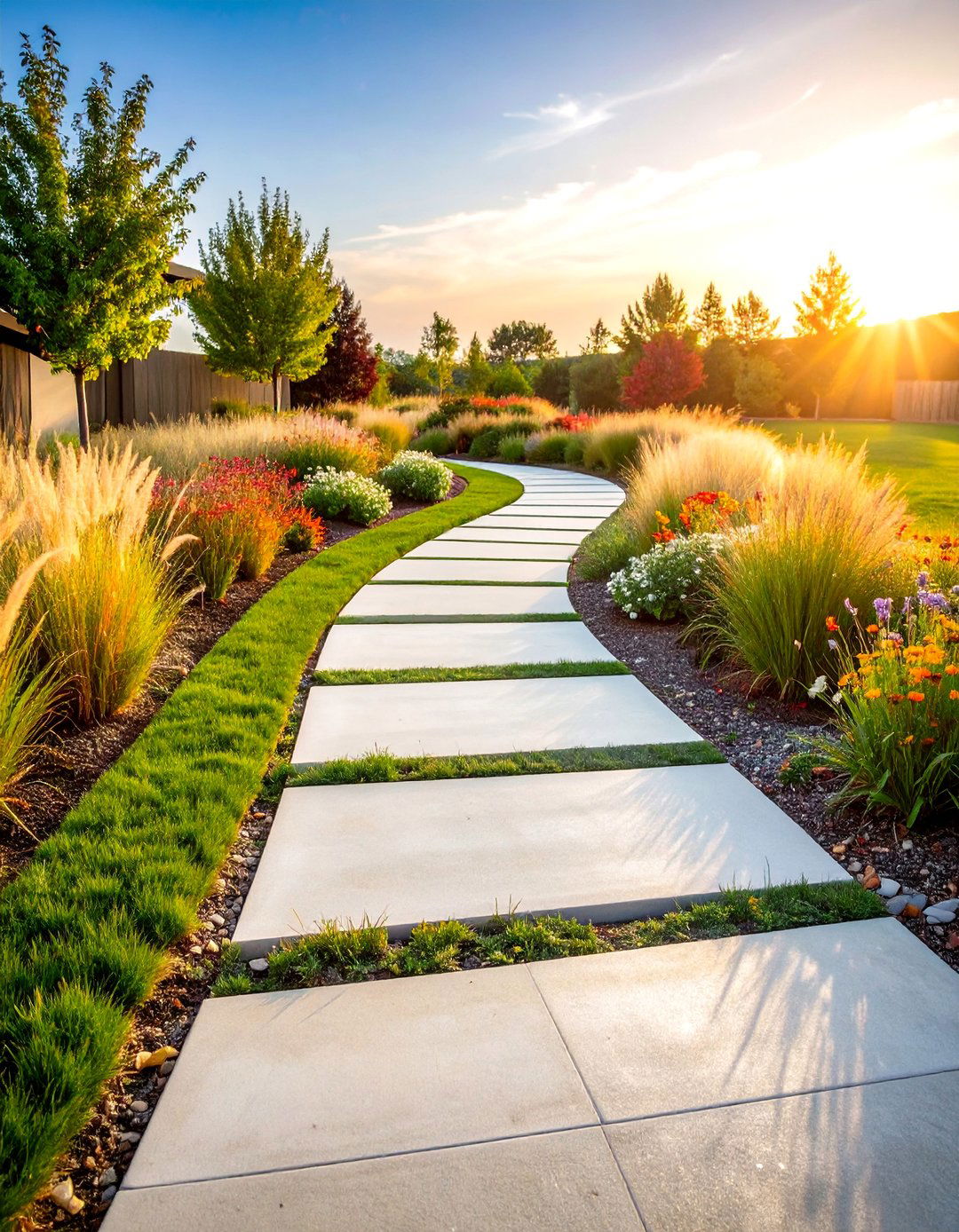 Concrete Ribbon Driveway with Native Prairie Plantings - 25 Driveway Landscape Ideas