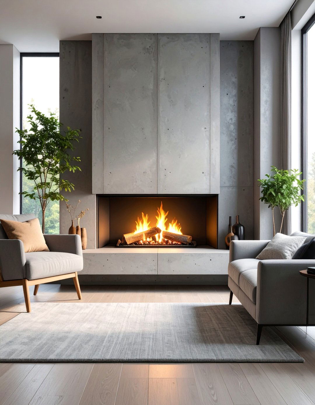 Concrete Surround Fireplace with Raw Texture - 25 Scandinavian Fireplace Ideas