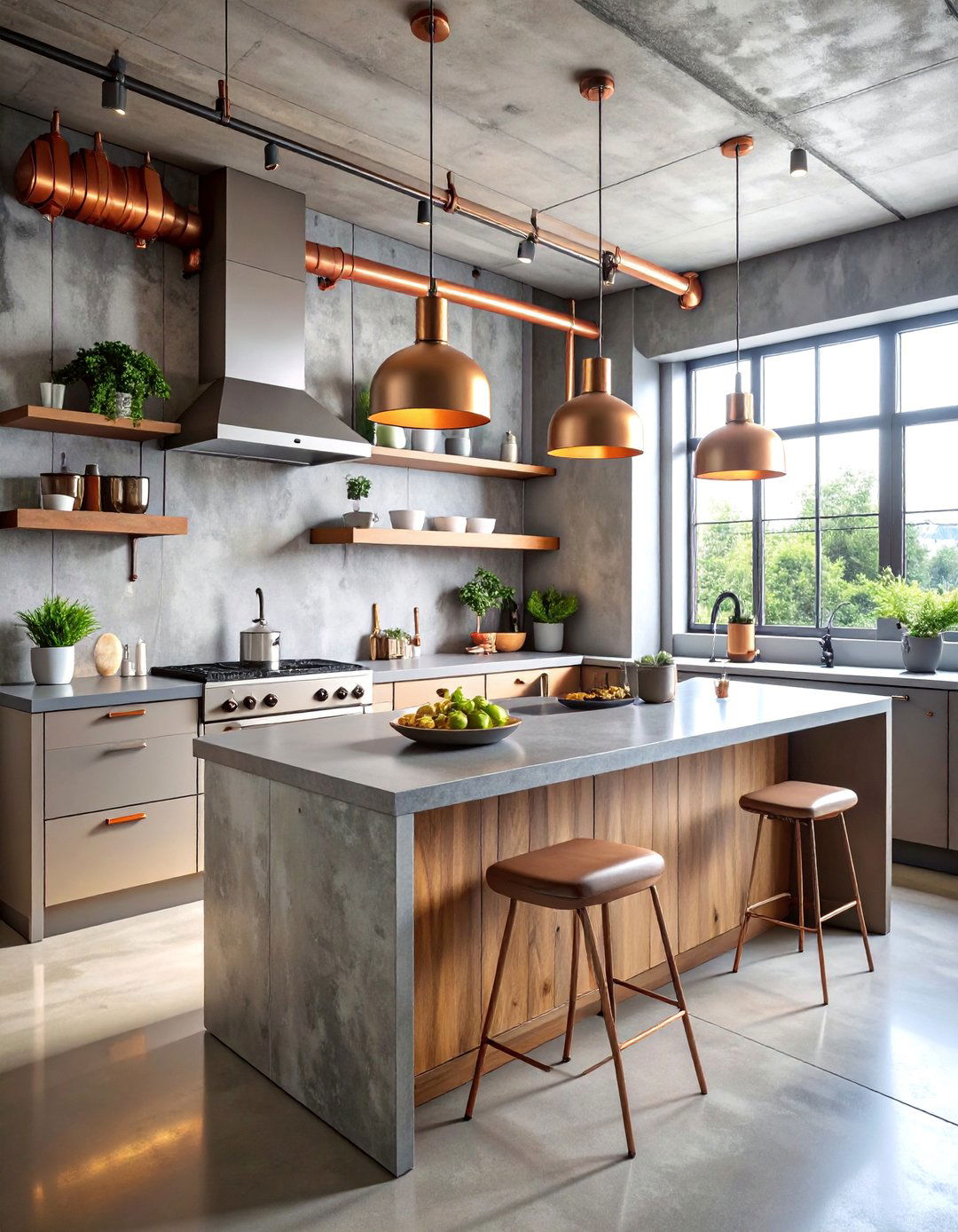 Concrete Wall Kitchen with Copper Pipe Details - 25 Industrial Decor Ideas