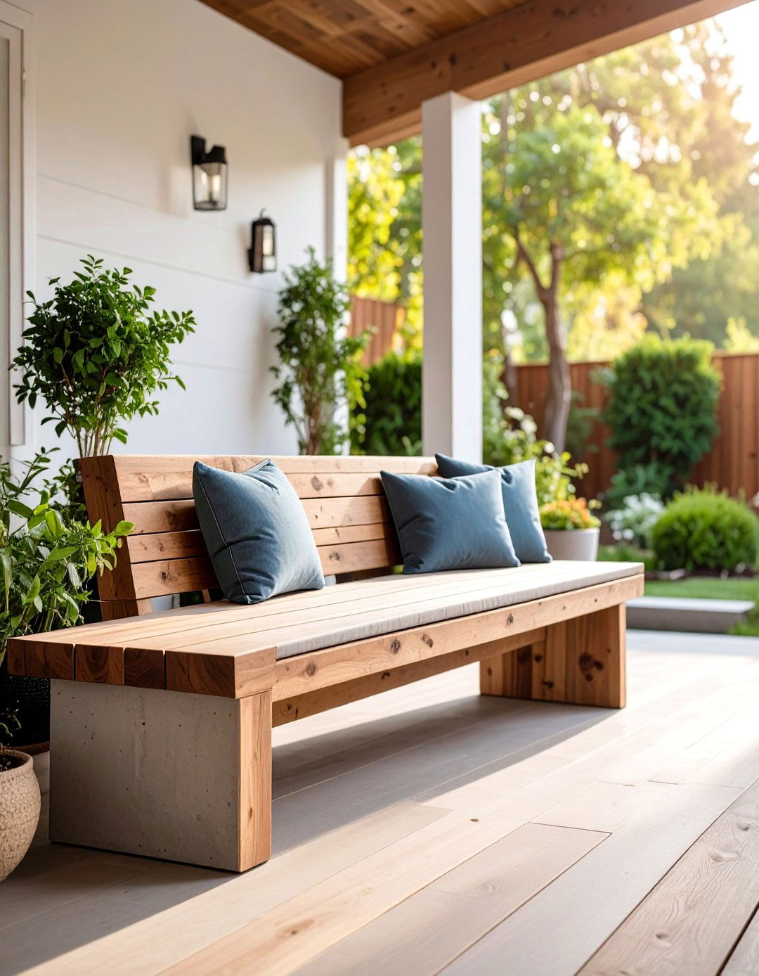Concrete and Wood Modern Bench - 25 Front Porch Bench Ideas