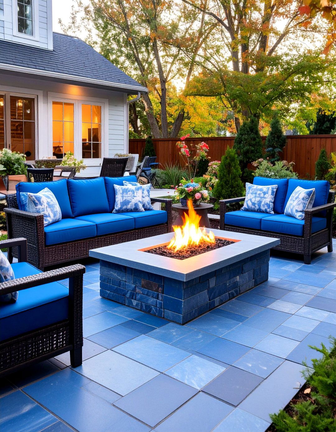 Connecticut Bluestone with Gas Fire Table - 25 Stone Patio With a Fire Pit Ideas