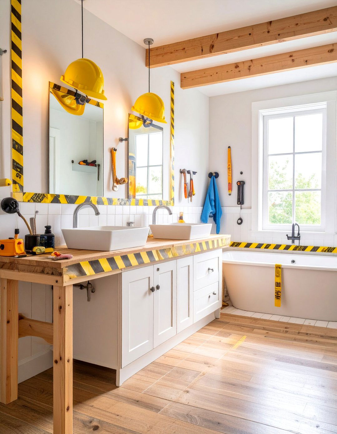 Construction Zone Kids Bathroom with Tool Storage Integration - 25 Kids Bathroom Ideas