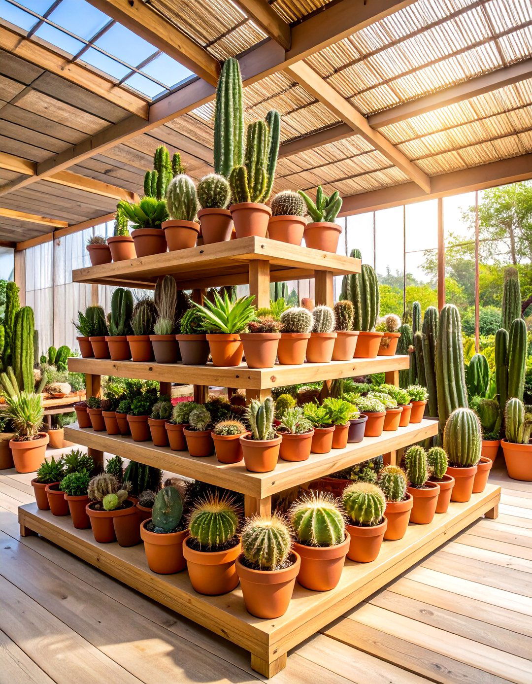 Container Cactus Collection on Tiered Displays - 25 Cactus Garden Ideas