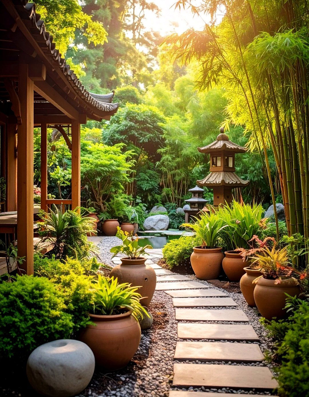 Container Garden with Portable Japanese Elements - 25 Japanese Garden Ideas