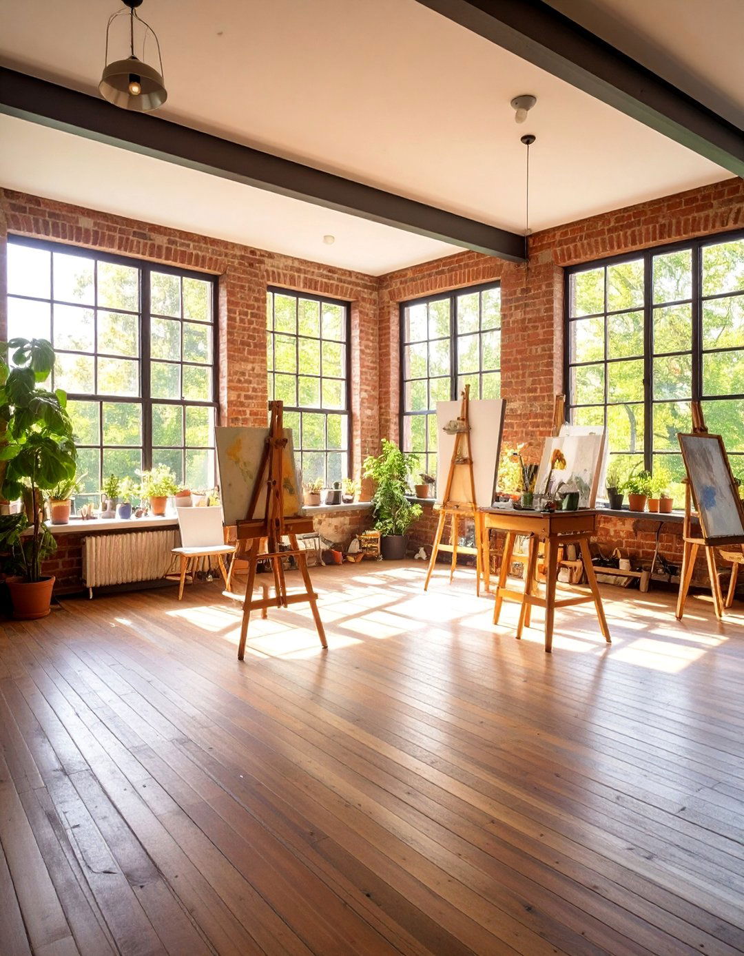 Contemporary Art Studio with Polished Brick Floors - 25 Brick Floor Sunroom Ideas